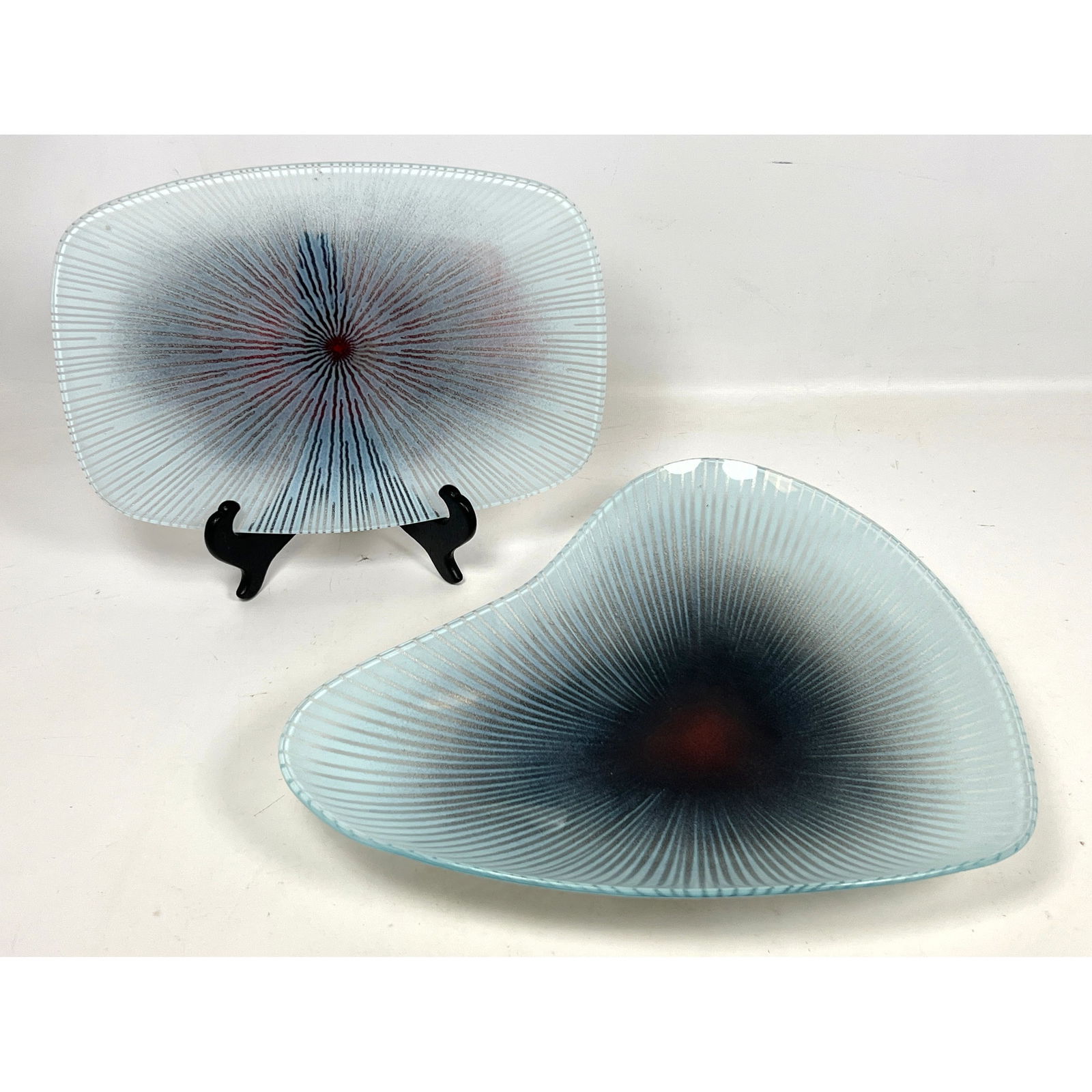 2pc MAURICE HEATON Art Glass Modernist Dishes. Mid Century Studio Glass. Atomic design. (1 of 11)
