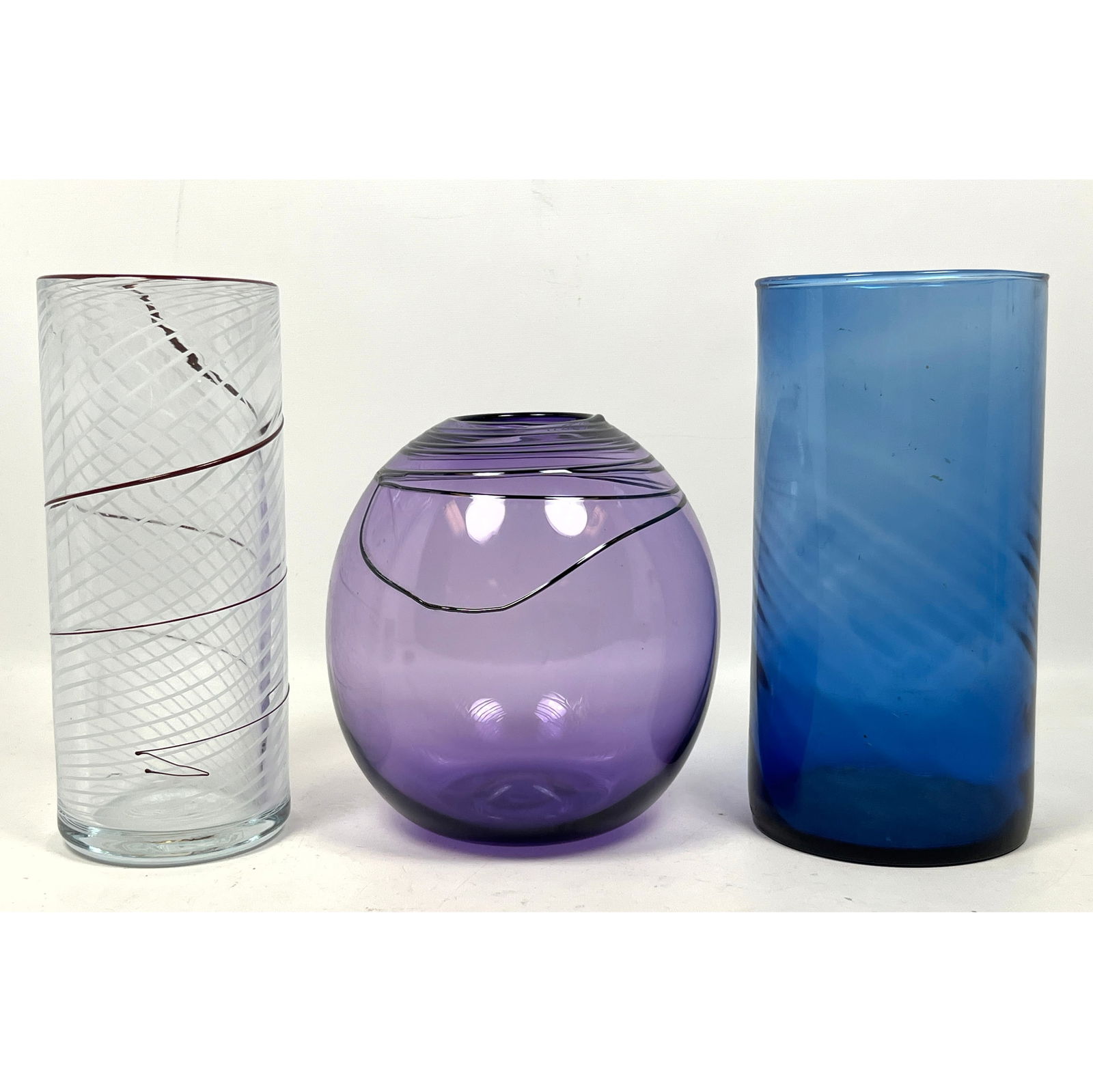 3pc American Studio Art Glass Vases. Clear cylinder with latticino design. Purple Amethyst glass sig (1 of 15)