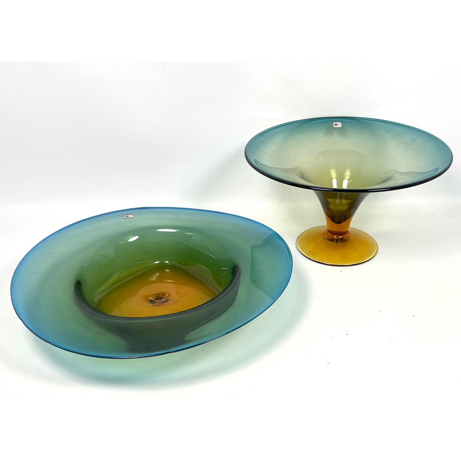 2pc BLENKO American MCM Art Glass. Labeled. Ombre Blue to Gold Glass Footed Compote and Wide Rimmed (1 of 14)