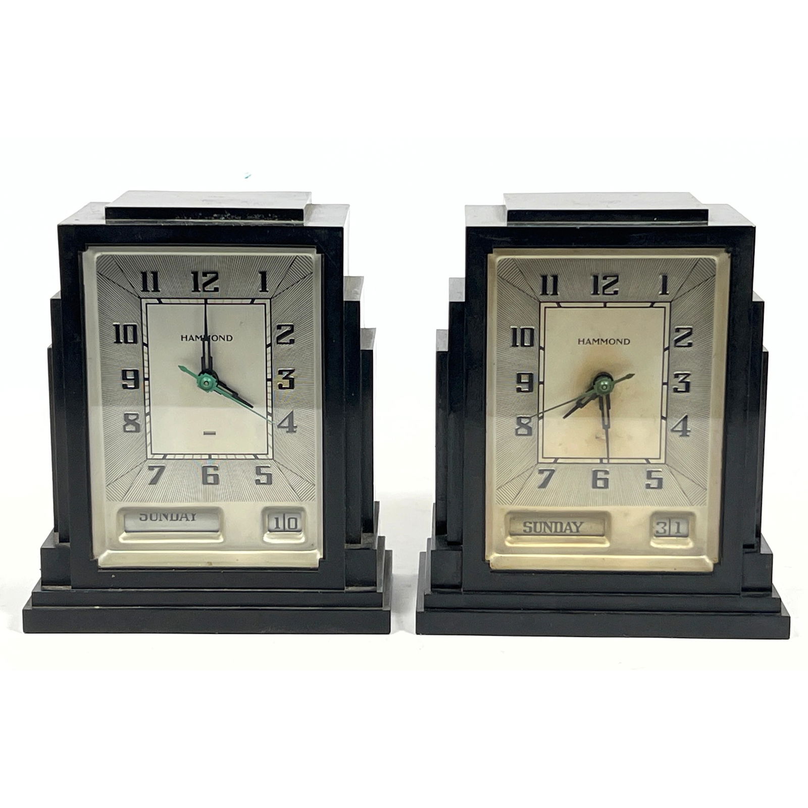 2pc Hammond Gregory Art Deco Skyscraper Bakelite Clocks. 1930's Streamlined Machine Age Design. (1 of 10)