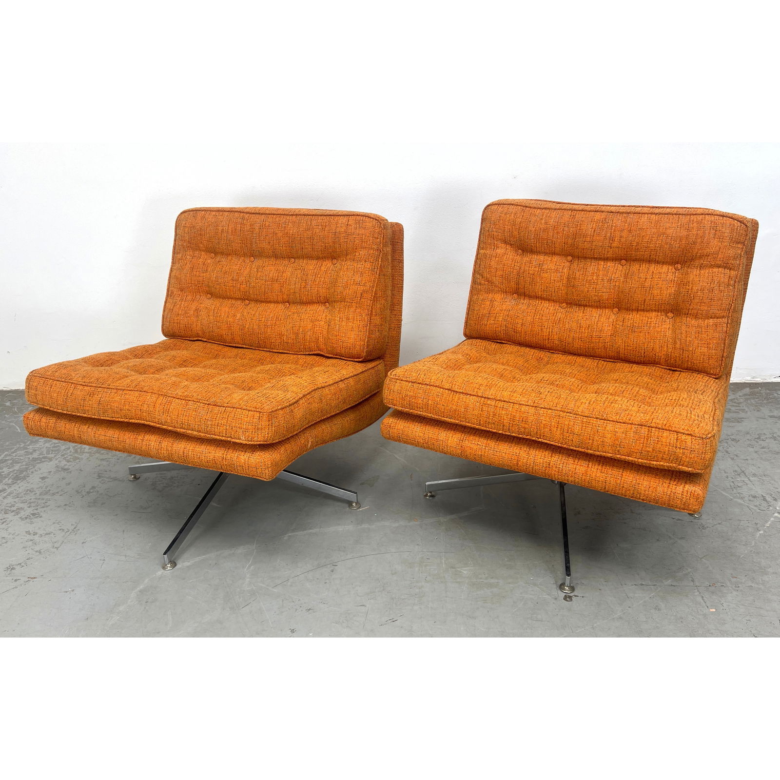 Pair Vintage Milo Baughman Selig Attributed Swivel Lounge Chairs. Original orange upholstery in exce: Pair Vintage Milo Baughman Selig Attributed Swivel Lounge Chairs. Original orange upholstery in excellent condition. Dimensions: Height: 29 inches, Width: 27.5 inches, Depth: 28.5 inches. - Seat Heigh