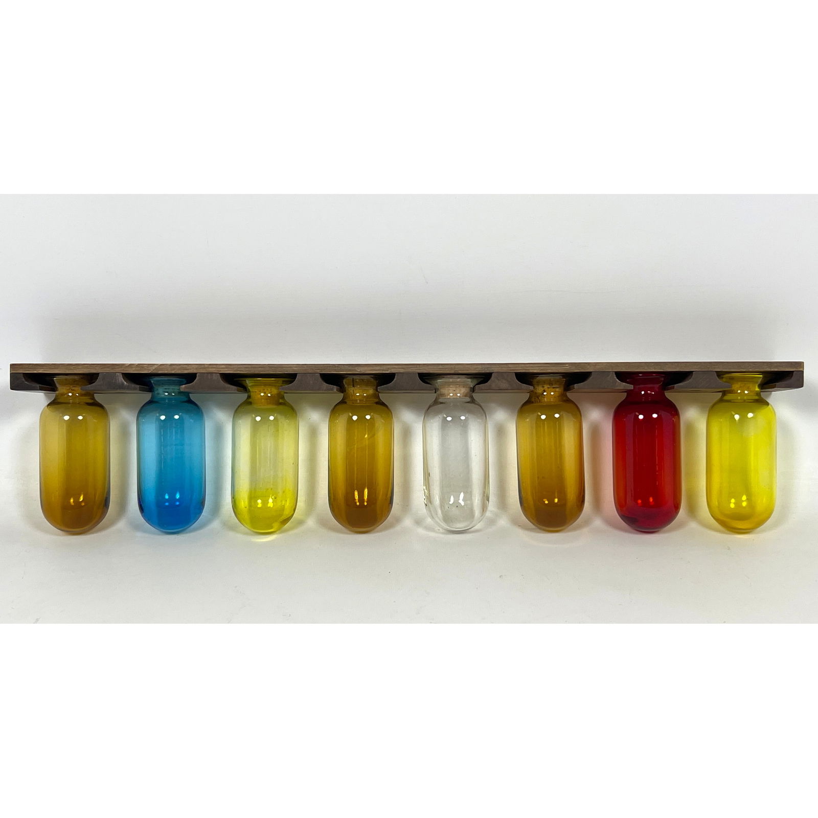 Mid Century Modern Japanese multicolor spice glass and wood rack, featuring a dark-stained wooden ra (1 of 11)