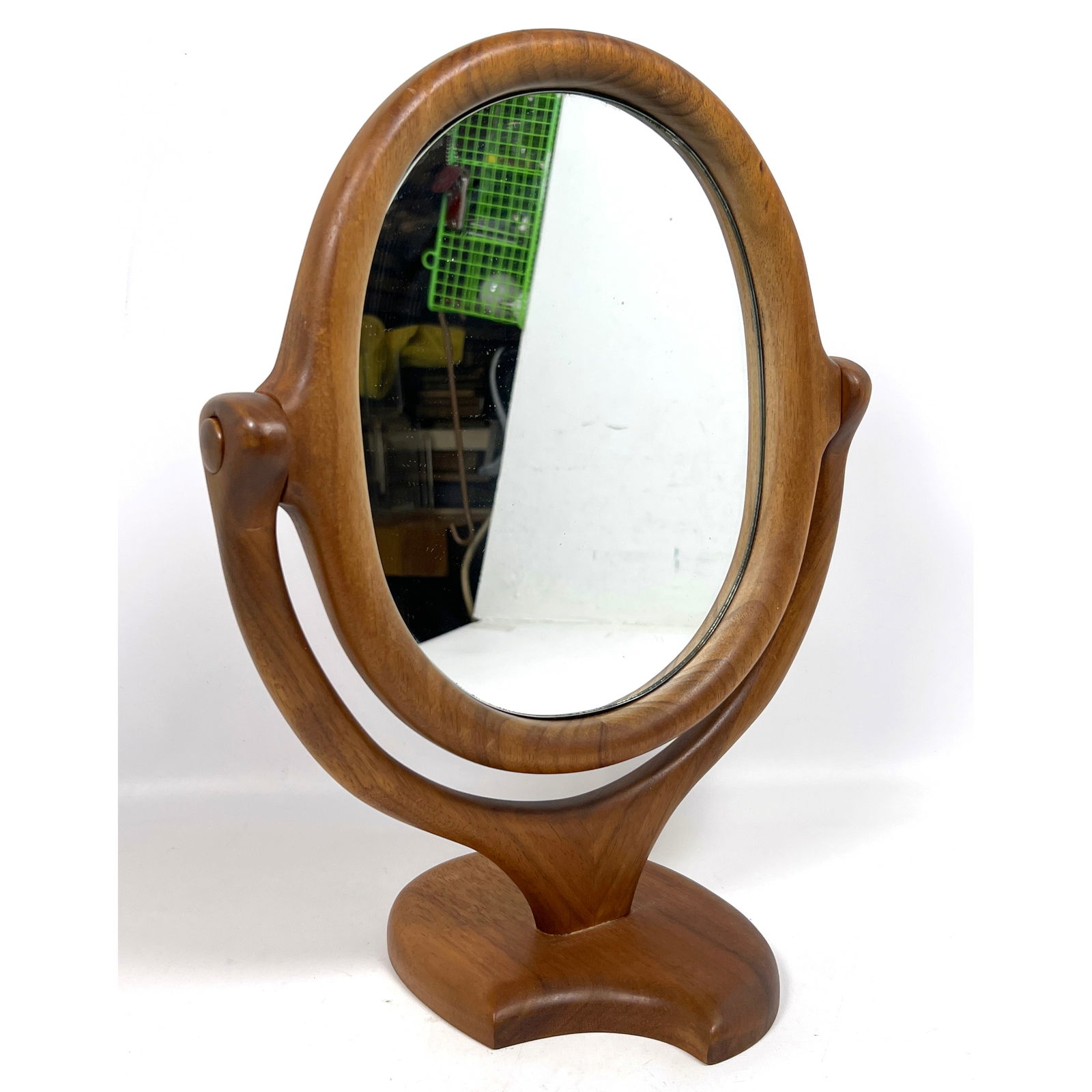Mel Mordaunt Studio Craft Vanity Mirror. Oval framed mirror swivels on wood base. Signed and dated 7 (1 of 13)