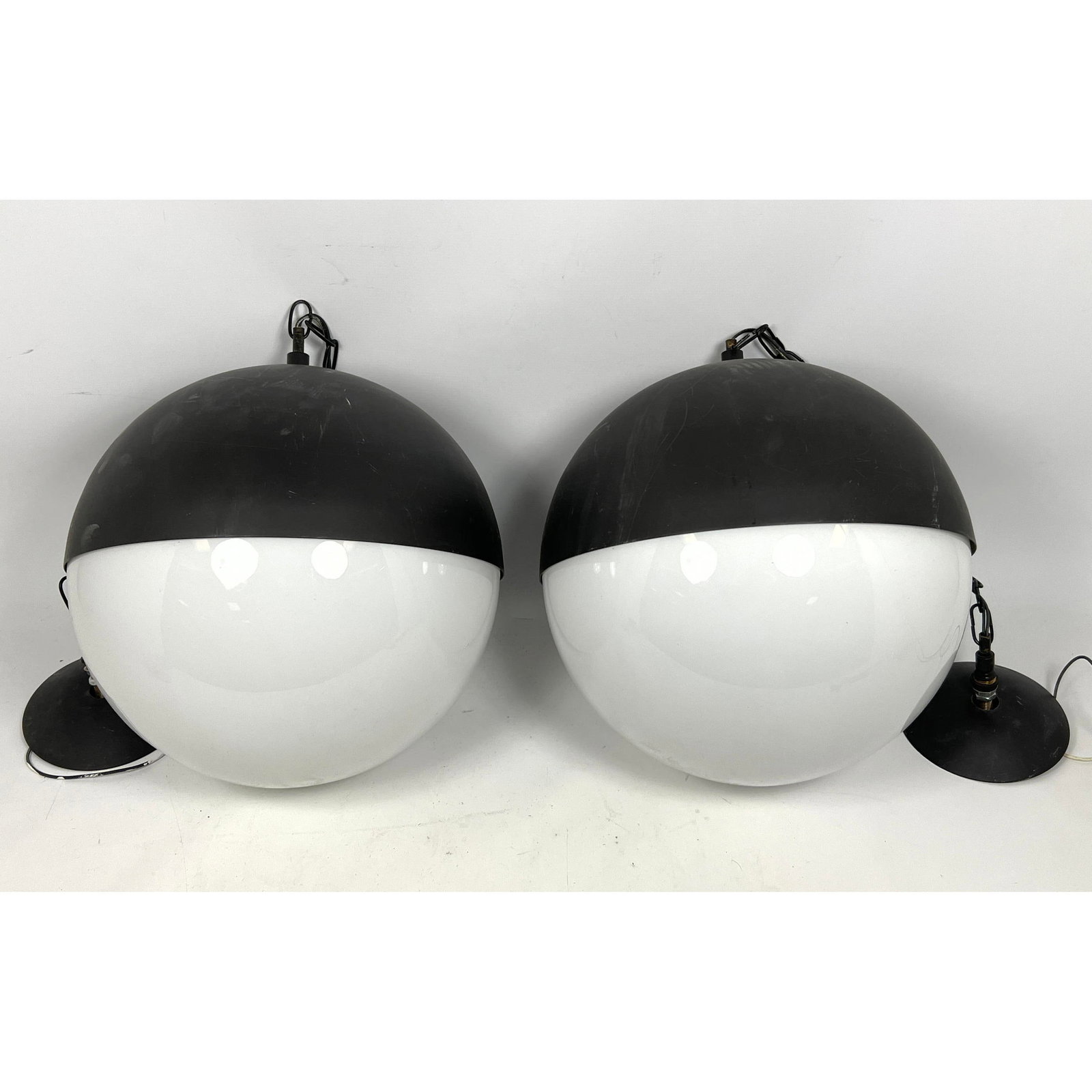 Pair Rejuvenation Hanging Pendant Lamps. Glass and Metal. Ball Lamps.: Pair Rejuvenation Hanging Pendant Lamps. Glass and Metal. Ball Lamps. Dimensions: Height: 13 inches, Width: 13 inches, Depth: 13 inches. --- US Packing and Shipping charge: In house shipping available
