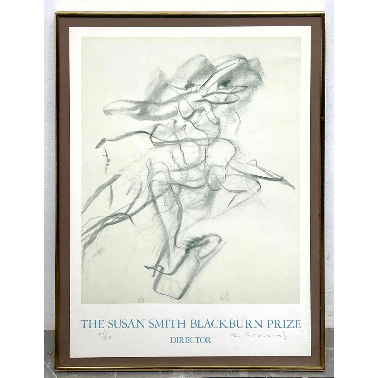 Pencil Signed WILLEM de KOONING Susan Blackburn Prize Poster. Framed. Signed and numbered 4/60.: Pencil Signed WILLEM de KOONING Susan Blackburn Prize Poster. Framed. Signed and numbered 4/60. Dimensions: Height: 28.5 inches, Width: 20.25 inches. --- - We offer curbside delivery for most items to