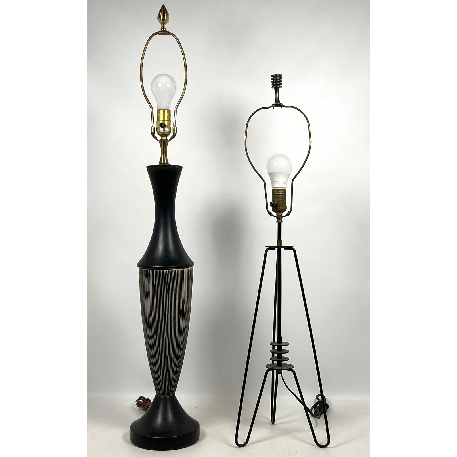 2pcs 50s Mid Century Modern Lamps. Tall Glazed Ceramic, and Atomic Black Metal, Weinberg Style (1 of 12)