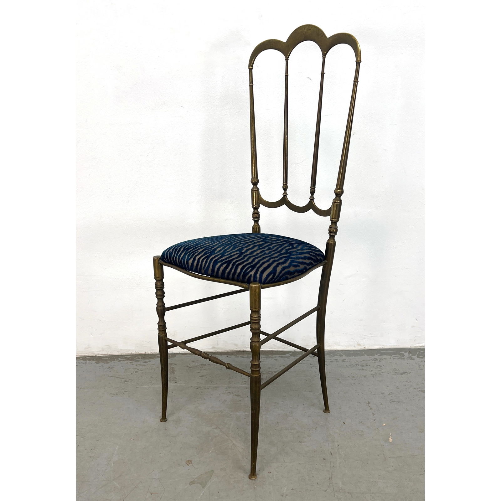 Solid brass Chiavari vanity or side high-back chair with blue upholstery, Italy, 1960s. (1 of 8)