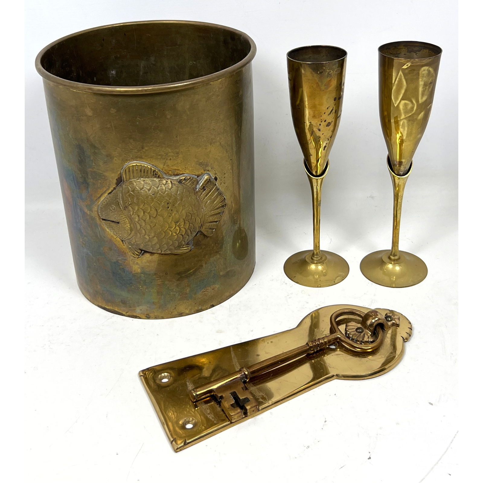4pc Brass Lot. 1) Vintage Brass Fornasetti style Keyhole Door Knocker with Key Knocker. 2) Brass Cac (1 of 17)