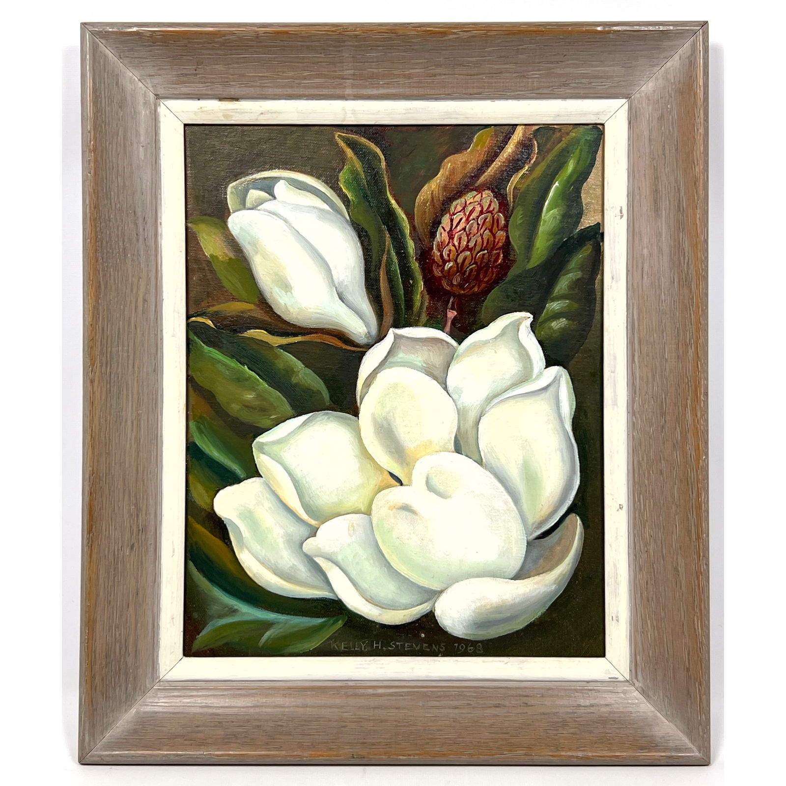 KELLY H STEVENS Magnolia Painting. Large Magnolia Bloom and Buds. Signed dated 1968 on canvas. (1 of 8)