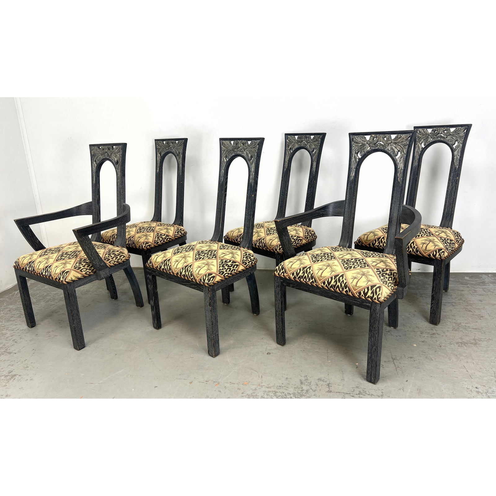 Set 6 James Mont Ebonized Frame Decorator Dining Chairs. Tall Carved Wood Backs with Large Arched Fr (1 of 14)