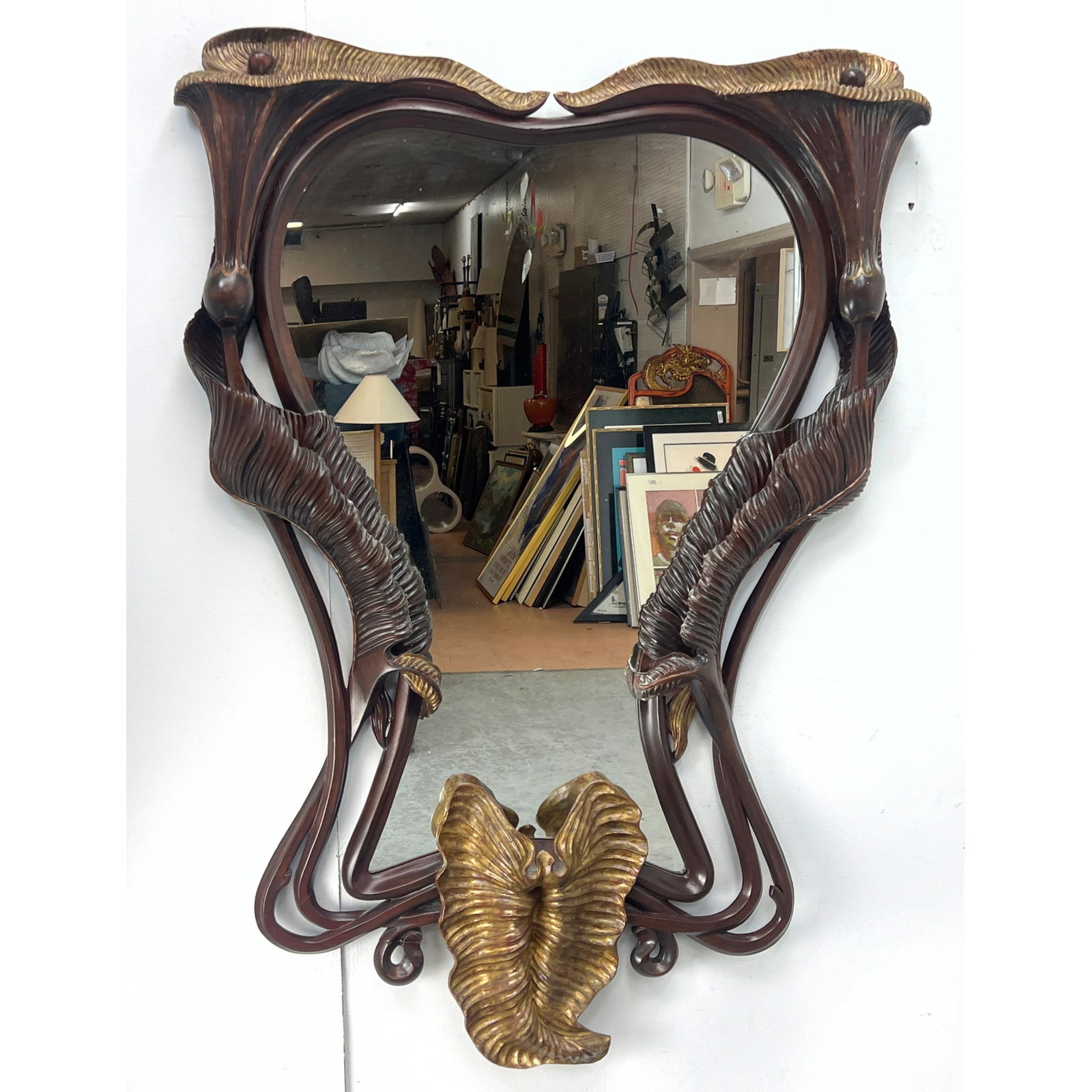 Carved Wood Art Nouveau style Wall Mirror. Organic Flower and Leaf forms on Sinuous Flowing Stem Nou (1 of 11)