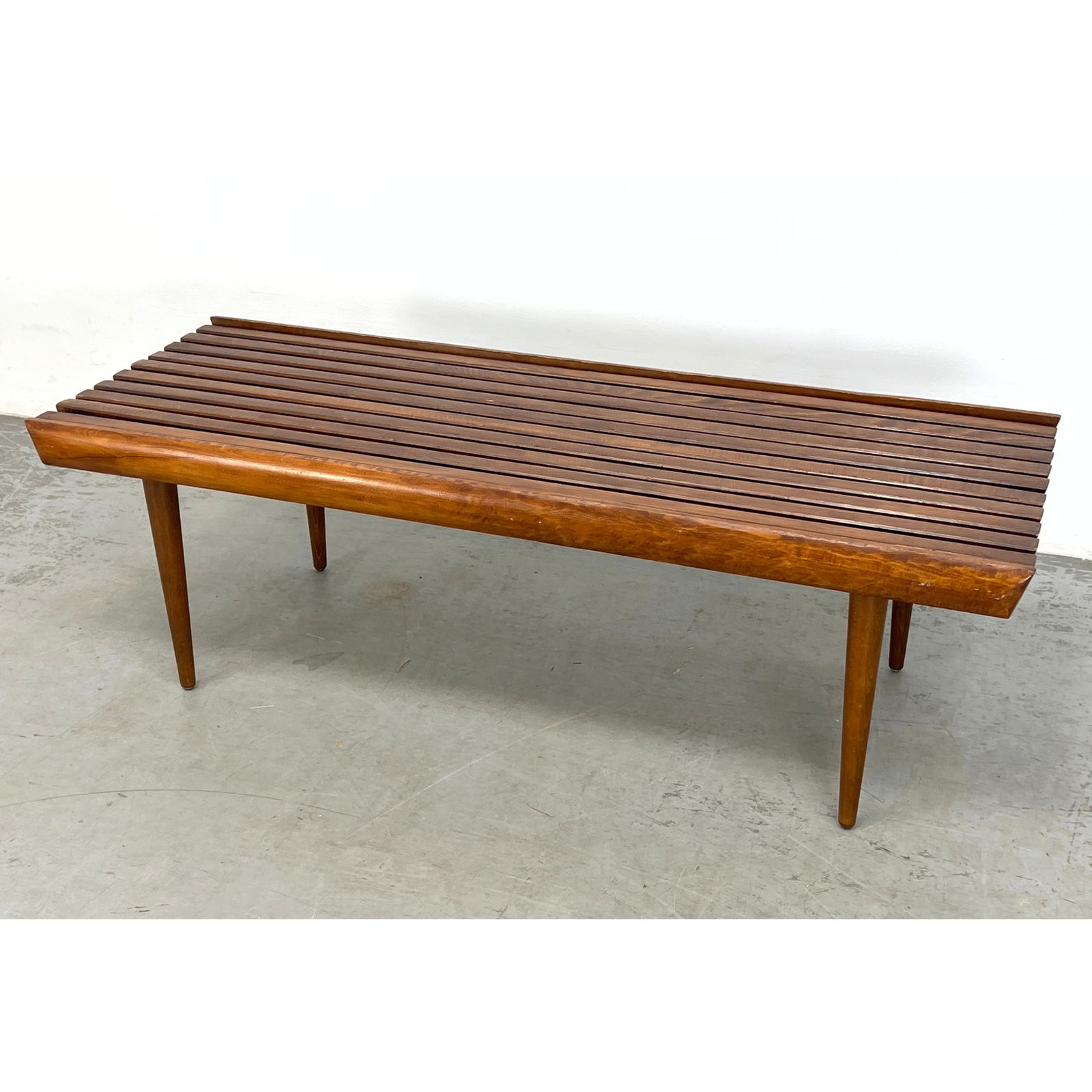 MCM Wood Slat Bench. Long Tapered Peg Legs. (1 of 8)