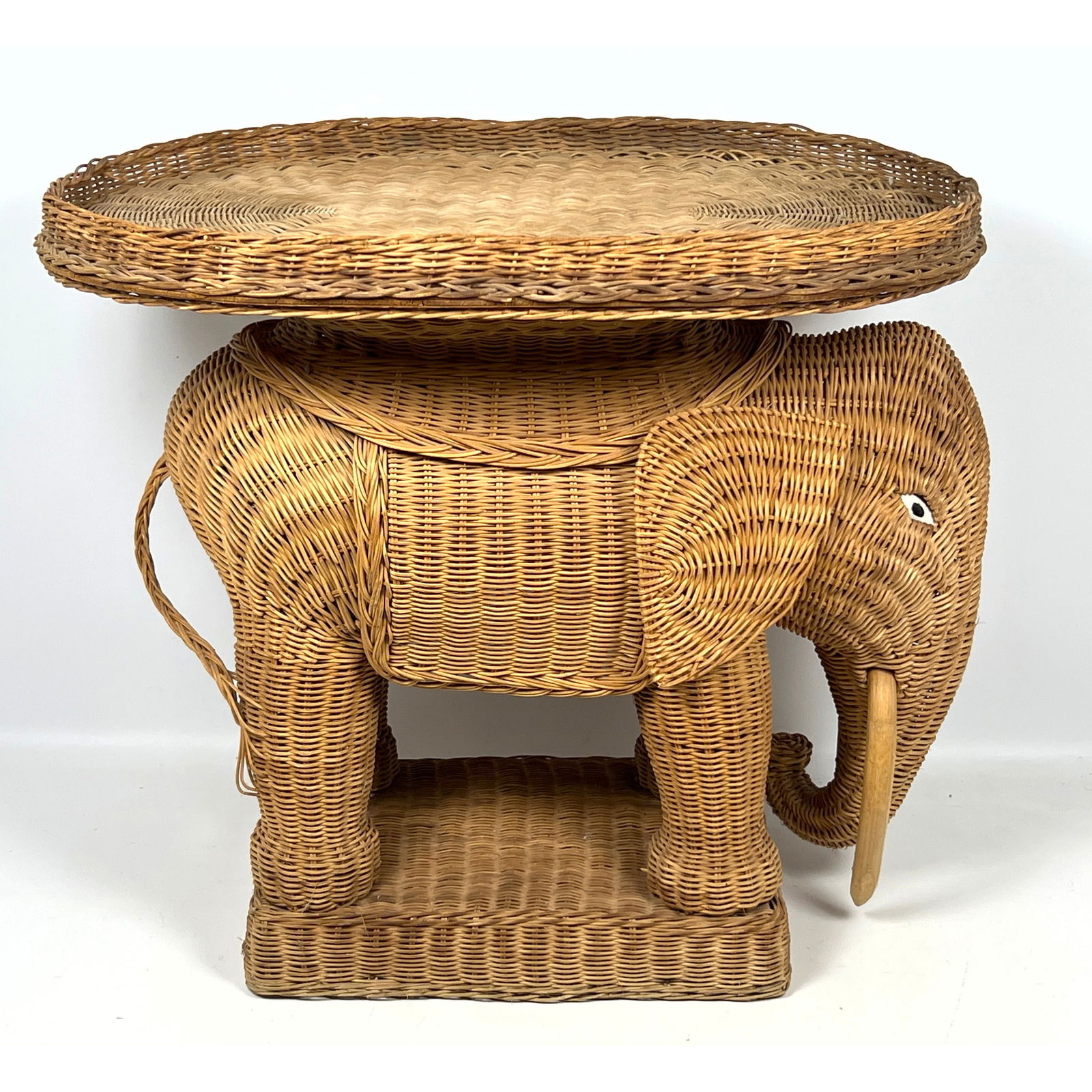 Woven Wicker Figural Elephant Side End Table. Modernist. Oval Tray Top. Wood Tusks. (1 of 10)