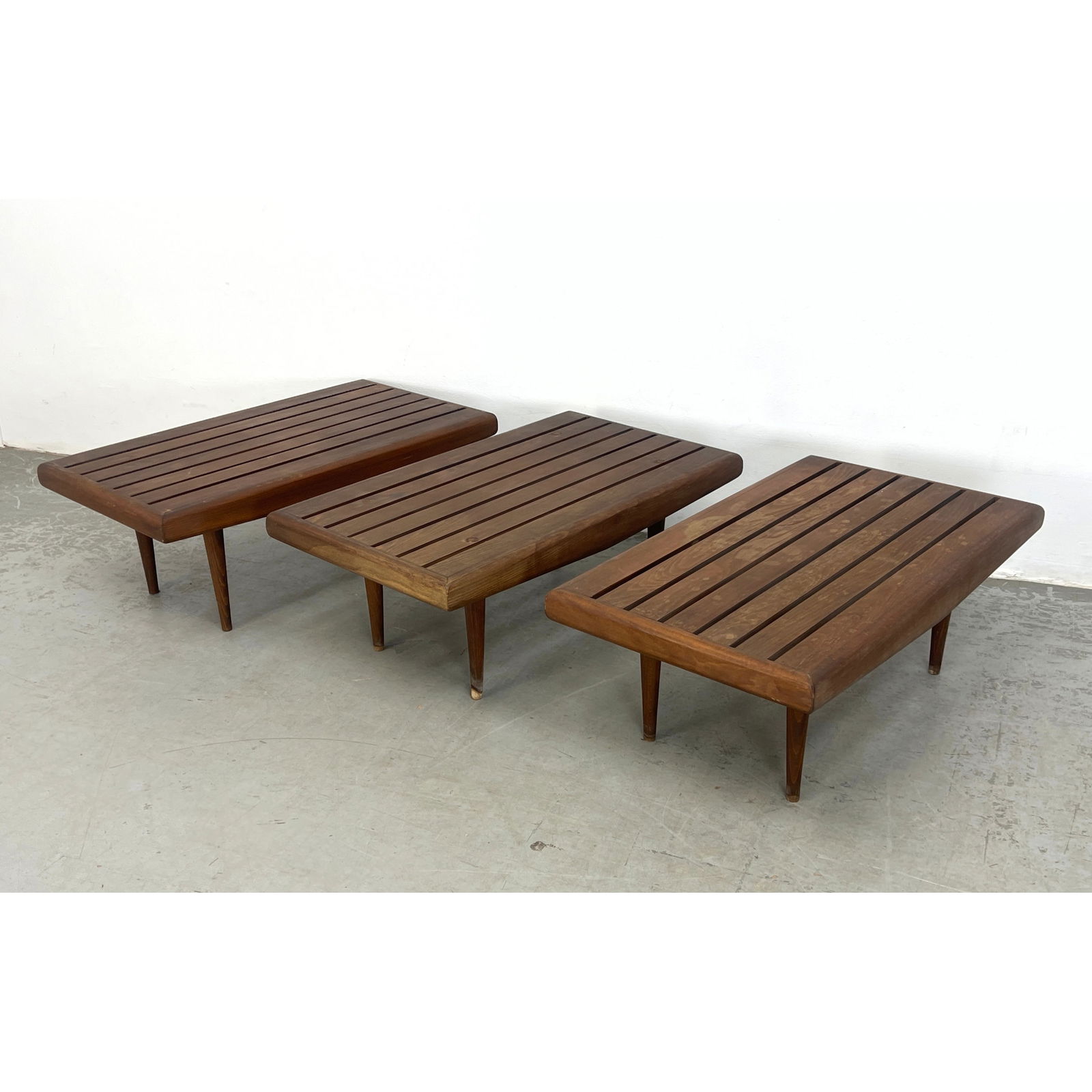 Collection 3 Modern Slat Benches. Tapered Peg Legs. Framed Slate with Angular Apron. Marked Yugoslav (1 of 16)