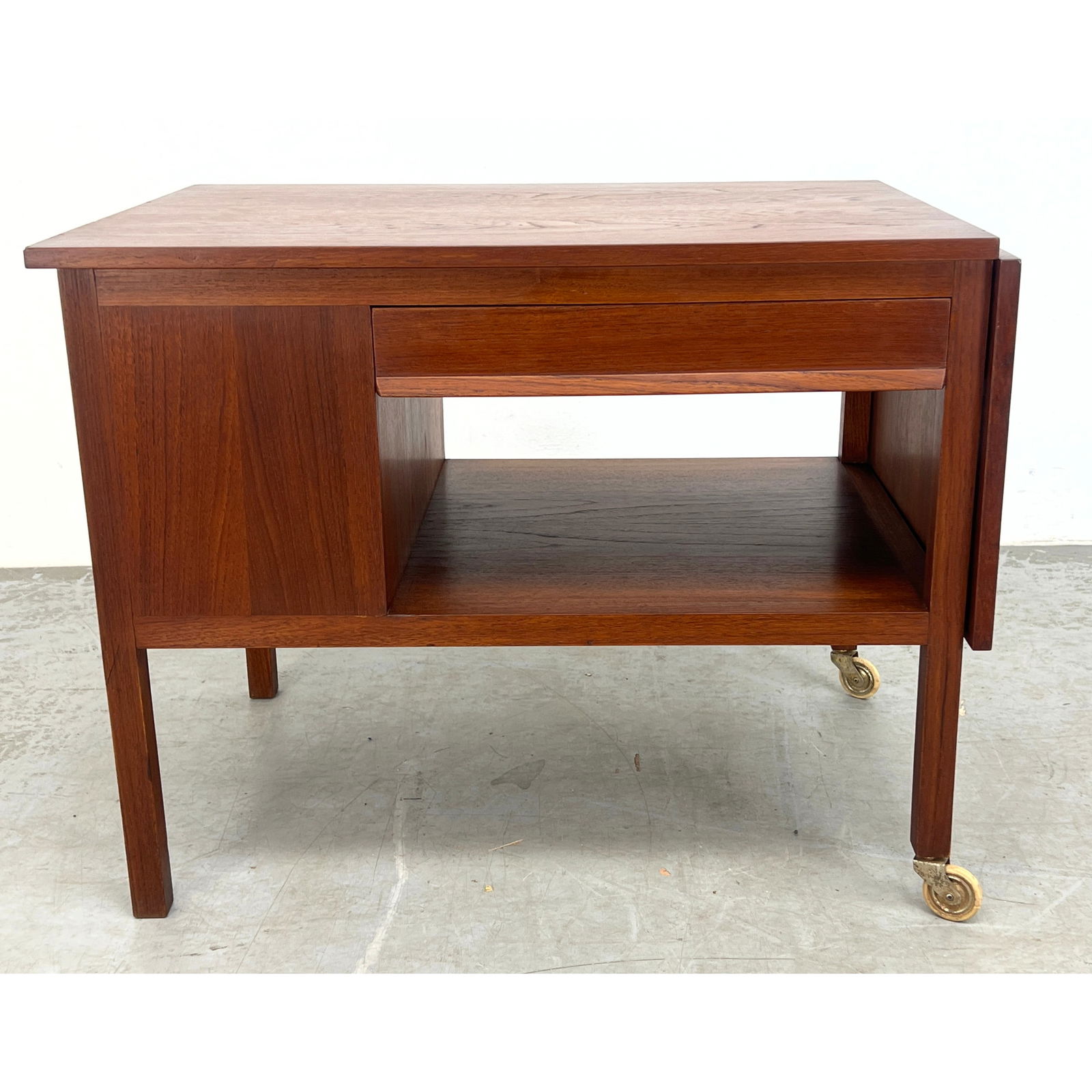 Danish Modern Teak Bar Cart Server with drop Side. Single drawer. Hidden bottle compartment. (1 of 9)