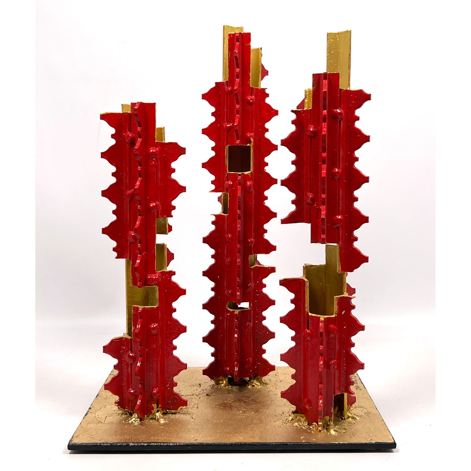 Joe Seltzer Abstract Sculpture "Red Towers" from welded found steel objects.? It is painted red and (1 of 10)