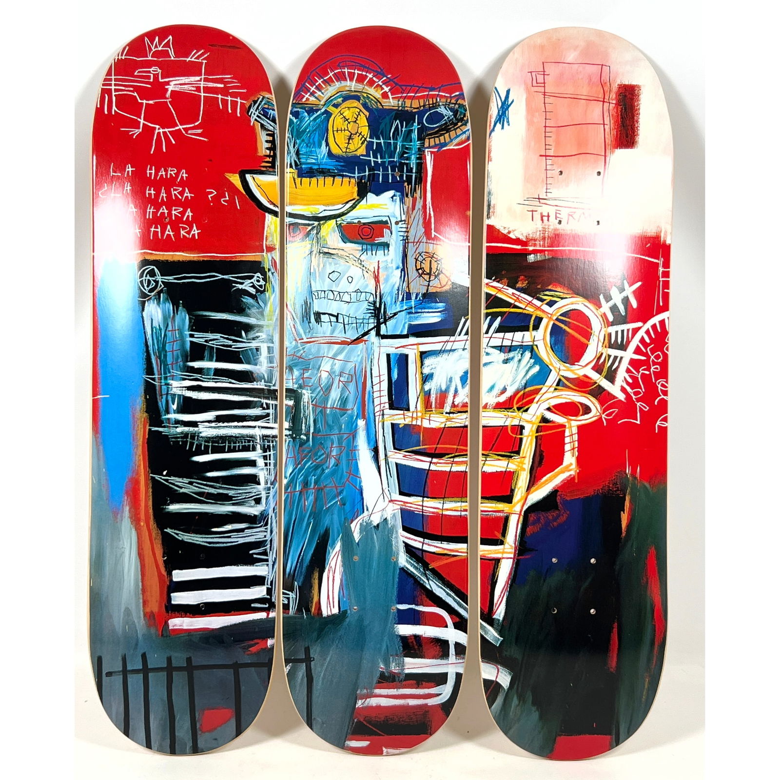3pc Set After Jean-Michel Basquiat Skateboard Decks. THE SKATEROOM: 3pc Set After Jean-Michel Basquiat Skateboard Decks. THE SKATEROOM Dimensions: Height: 32 inches, Width: 8 inches, Depth: .5 inches. --- US Packing and Shipping charge: In house shipping available. Wi