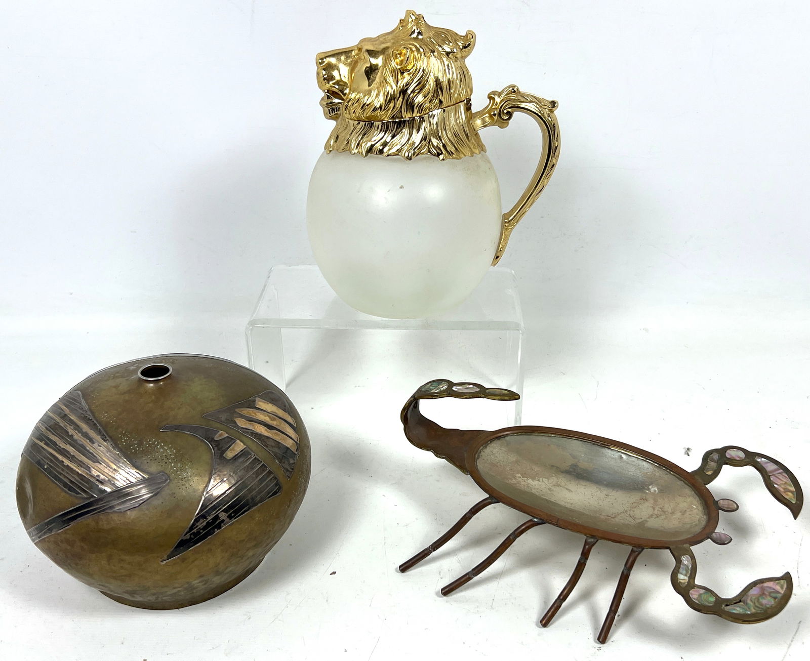 3pc Mid Century Modern Lot. 1980 DS Silver and Brass Vase. Mexican Scorpion dish, Lion head lidded p (1 of 15)