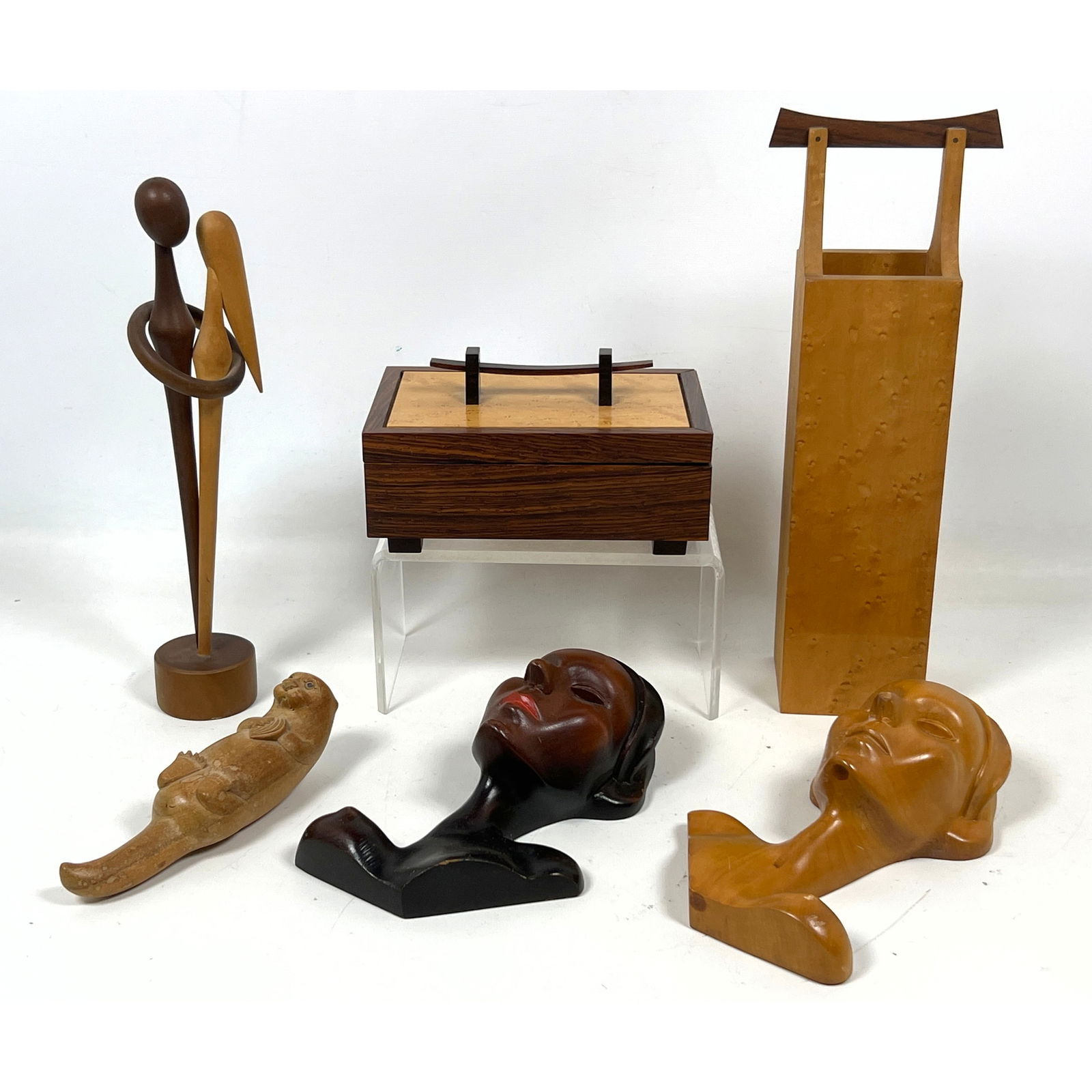 6pcs Mid Century Modern Wood Lot. 2 studio woodworker Boxes. wood busts, Otter, etc. (1 of 19)