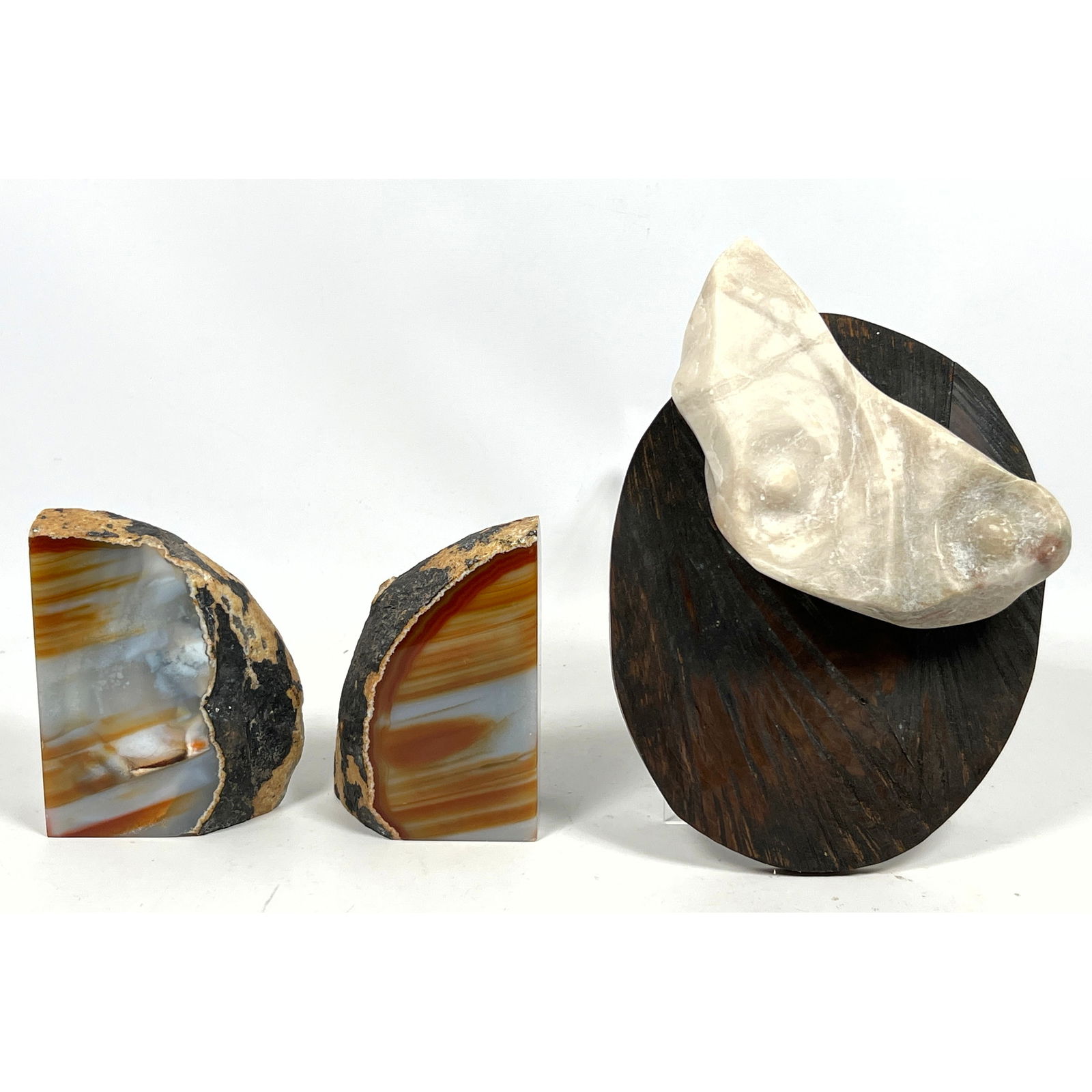 Pr Agate Sliced Bookends. Carved Stone Abstract Modernist Sculpture on Wood Panel; designed as wall: Pr Agate Sliced Bookends. Carved Stone Abstract Modernist Sculpture on Wood Panel; designed as wall hanging sculpture. Dimensions: Height: 10.5 inches, Width: 8 inches, Depth: 4 inches. --- US Packing