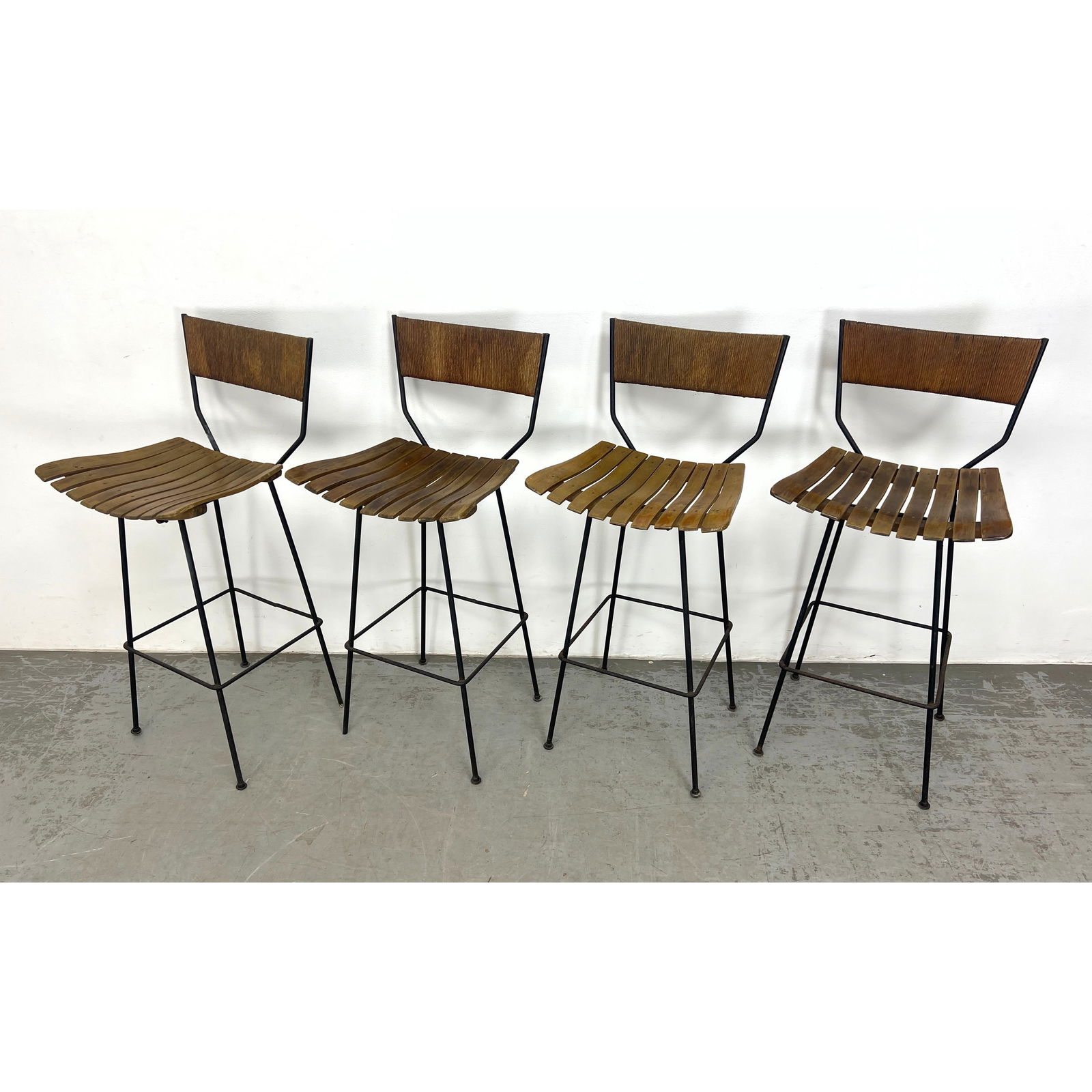 Set 4 Arthur Umanoff Bar stools. Rope cord Backs. Slat seats and iron. (1 of 13)
