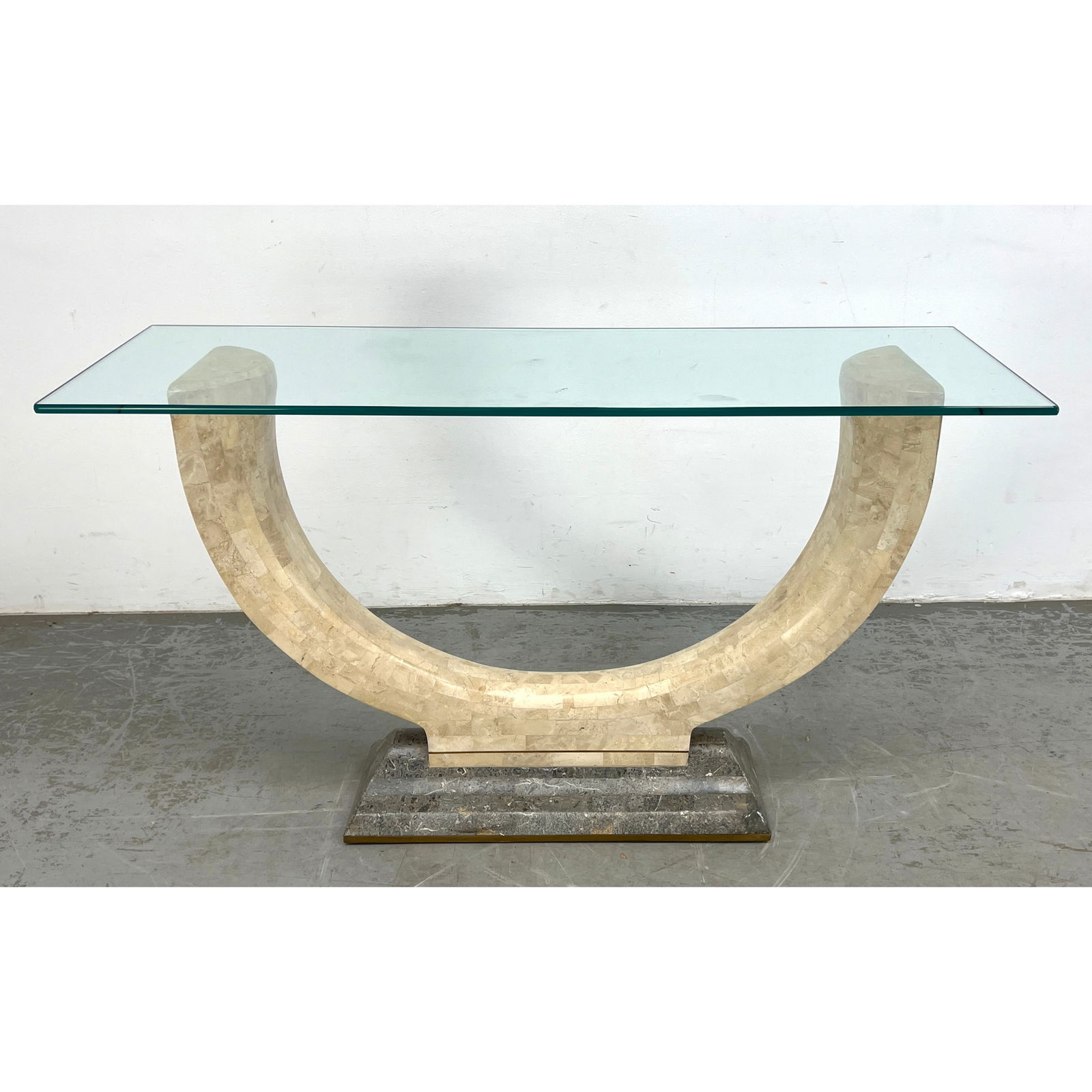 Maitland Smith Tessellated Stone Glass Top Console. Labeled Underside (1 of 10)