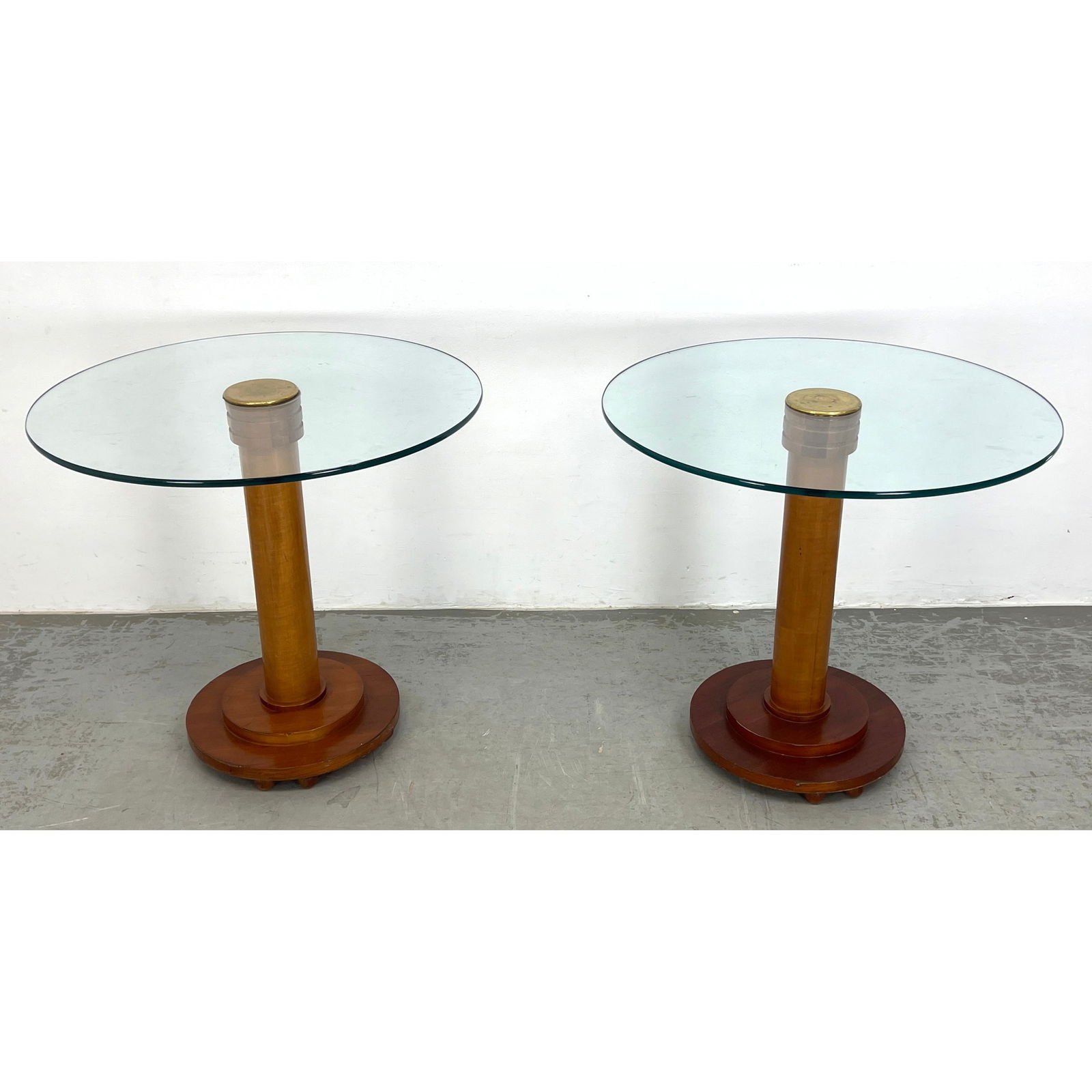 Pr Art Deco Moderne Wood Side Tables. Stepped Pedestal Base supports Round Glass Top with Brass Cap (1 of 13)
