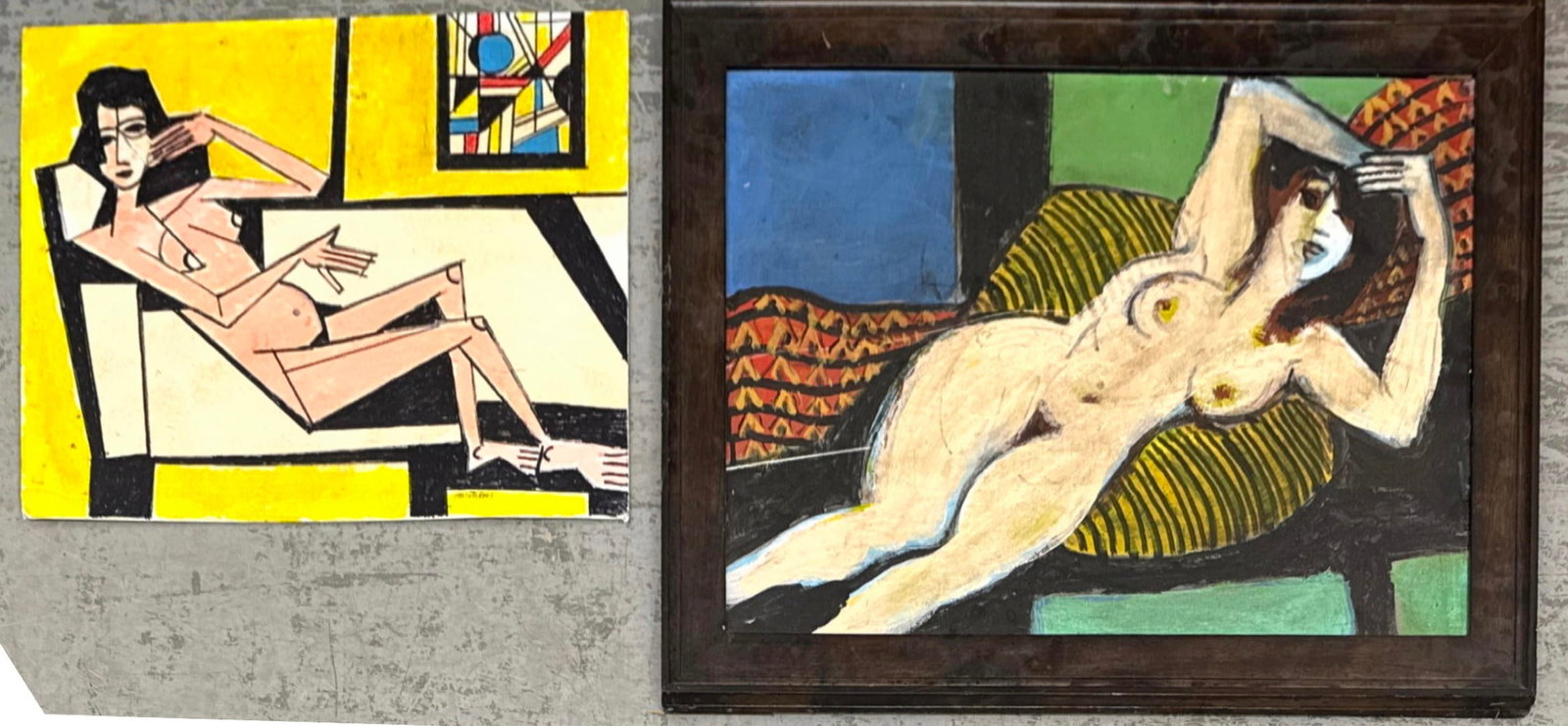 2pc RONALD AHLSTROM Nude Paintings on Board. Framed one Signed on back. Unframed board signed lower: 2pc RONALD AHLSTROM Nude Paintings on Board. Framed one Signed on back. Unframed board signed lower right. Dimensions: Height: 20 inches, Width: 30 inches. - Additional Dimensions: Smallest H: 16 inch