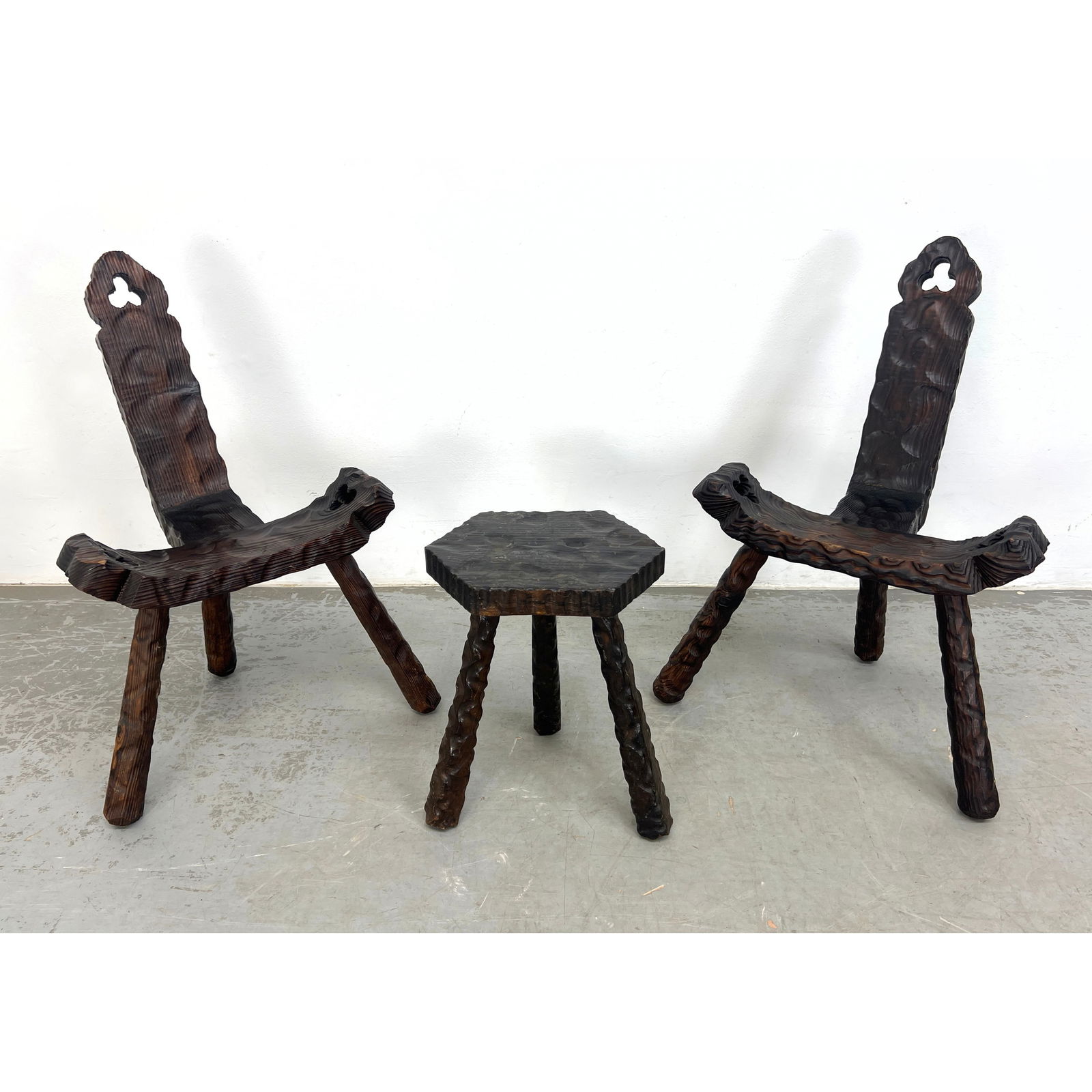 3pcs Spanish Brutalist Wooden Furniture. 2 Chairs and a small stool. (1 of 12)