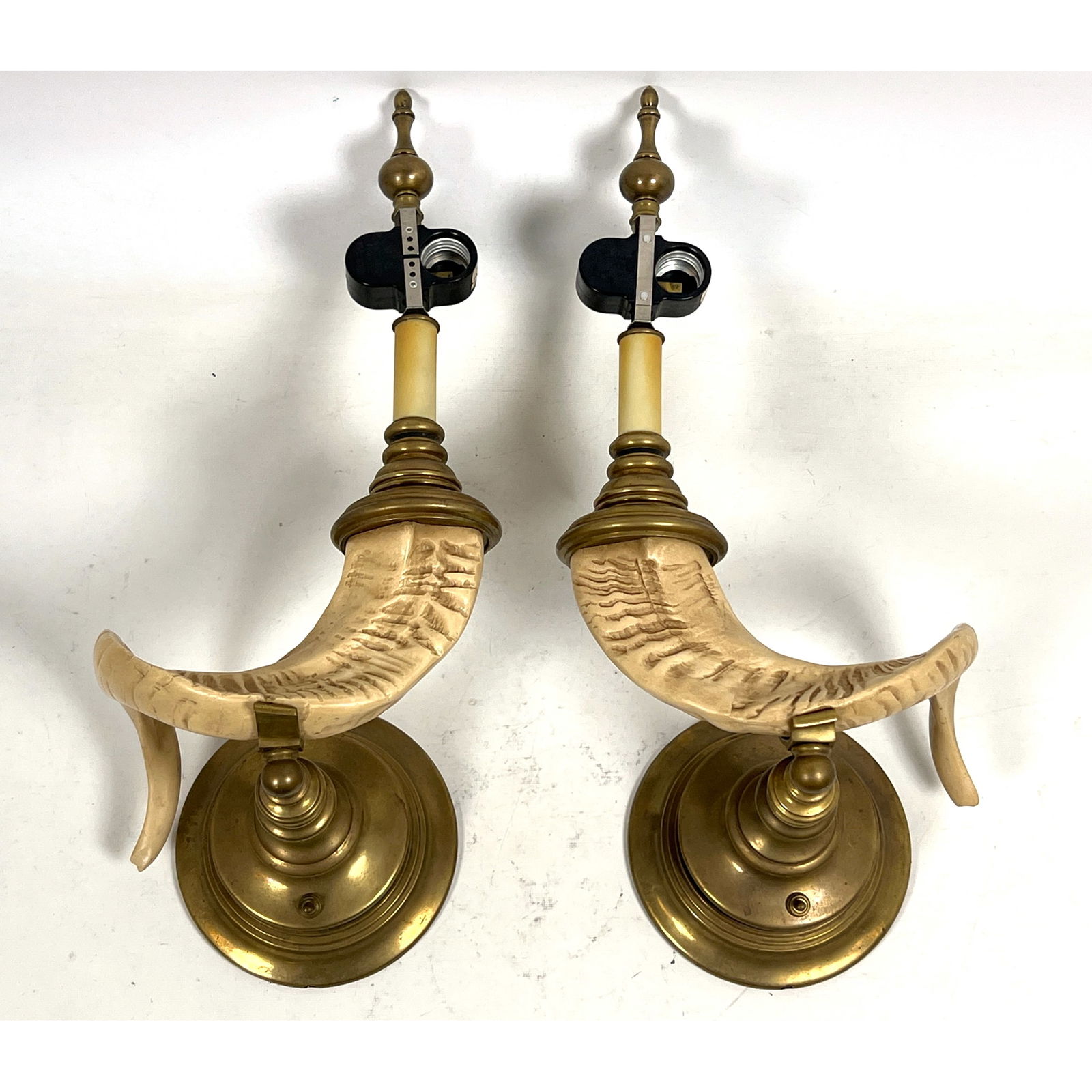 Pr Designer Faux Antler Brass Trim Wall Sconces. Each holds two bulbs. (1 of 11)