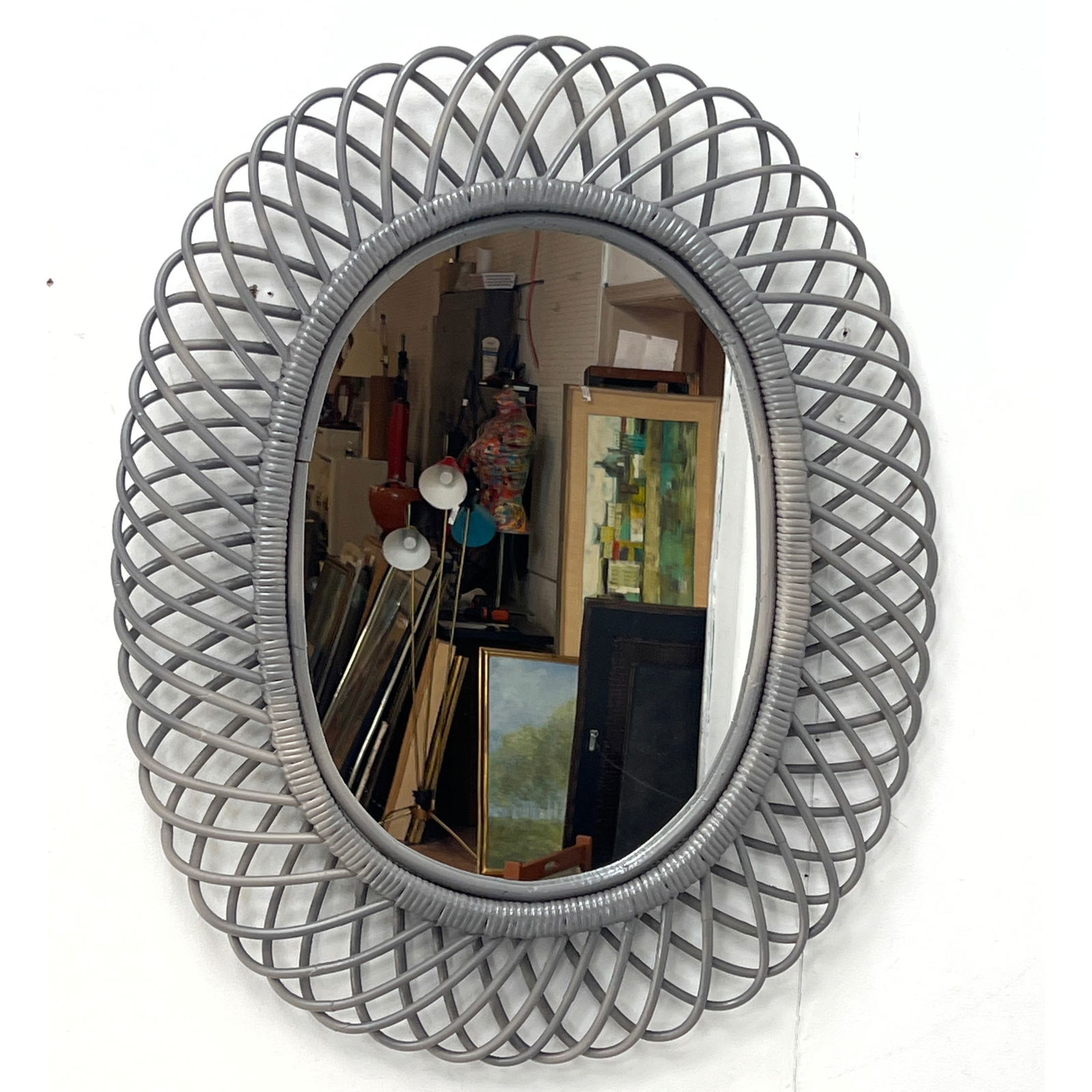 ROSENTHAL-NETTER Italian Looped Rattan Wall Mirror. Painted Gray Rattan Framed Mirror. R-N Label. (1 of 8)