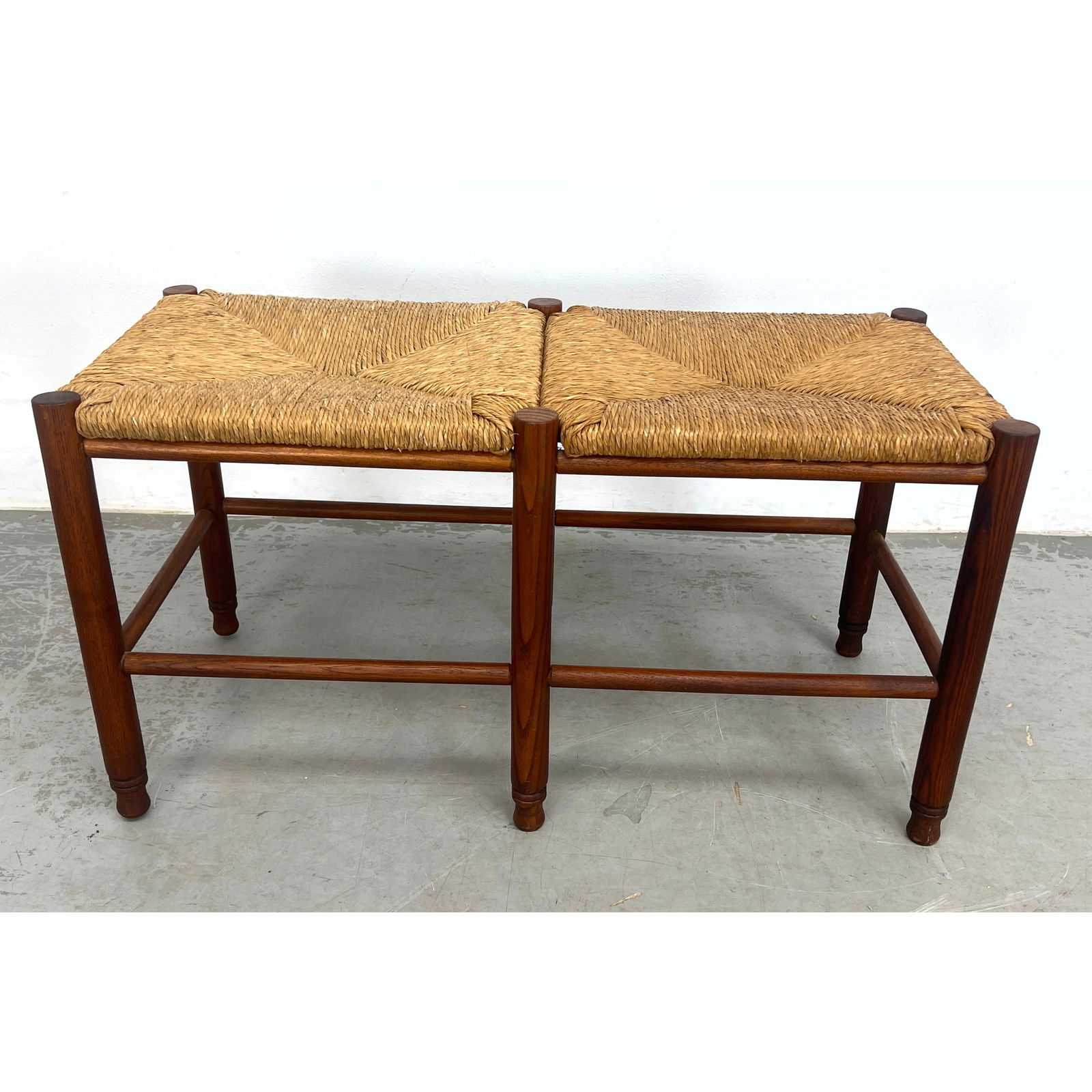 Country Primitive Woven Rush Wood Frame Bench. Double seats with rush tops. (1 of 9)