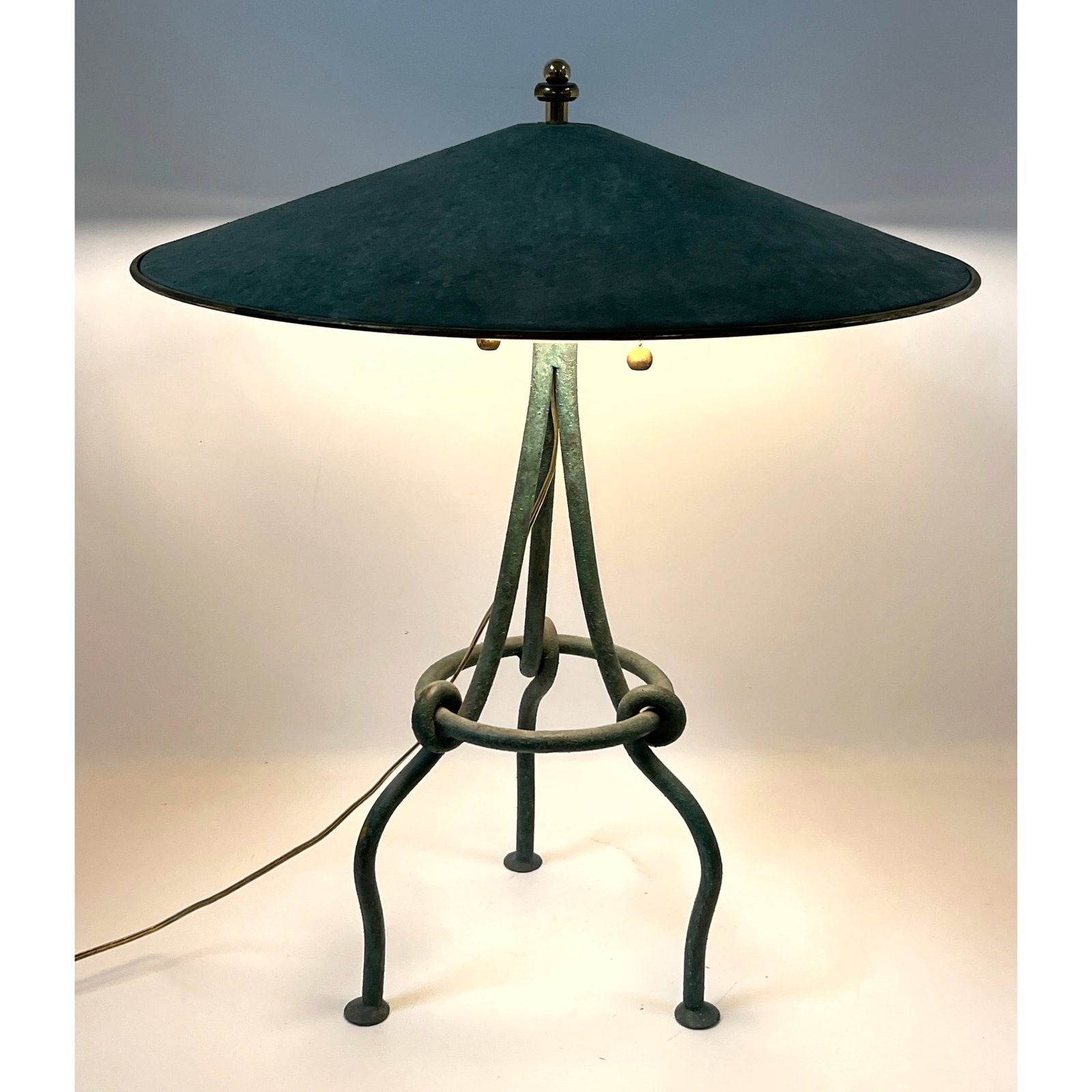 Green Patinated saucer Shade Table Lamp.: Green Patinated saucer Shade Table Lamp. Dimensions: Height: 27 inches, Width: 23 inches, Depth: 23 inches. --- - We offer curbside delivery for most items to NYC, Manhattan, Close Brooklyn, Hoboken a