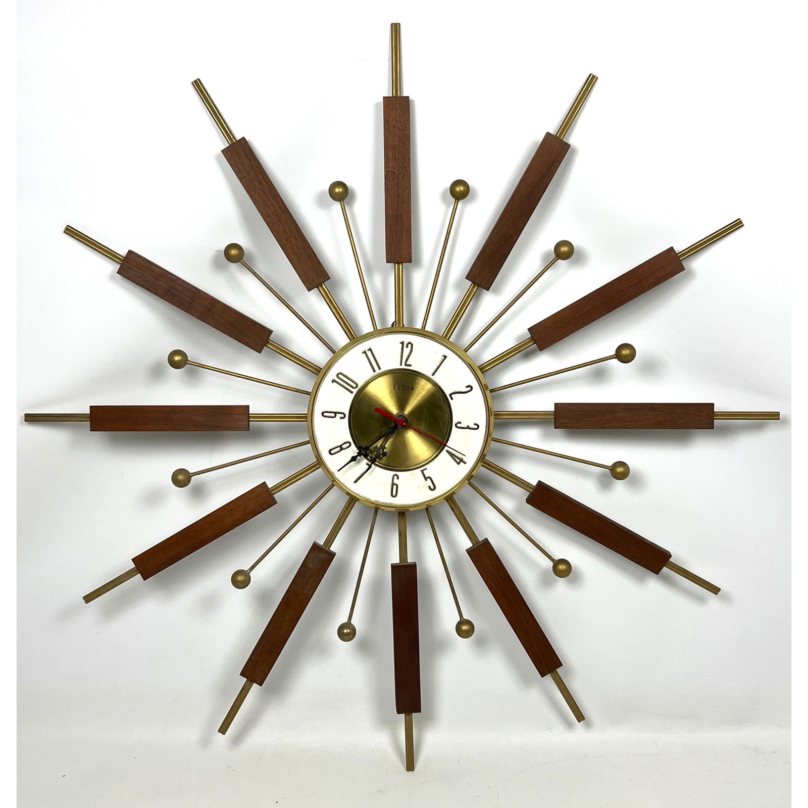 MCM ELGIN Starburst Wall Clock. Brass tone Metal with Walnut Elements. Marked. (1 of 9)