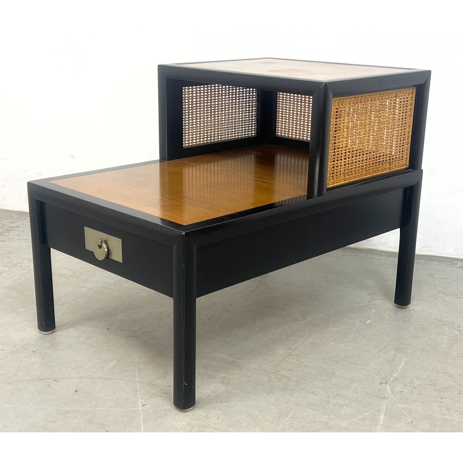 Michael Taylor for Baker step table with can sides. Signed with medalion.: Michael Taylor for Baker step table with can sides. Signed with medalion. Dimensions: Height: 23 inches, Width: 20 inches, Depth: 30 inches. --- - We offer curbside delivery for most items to NYC, Man