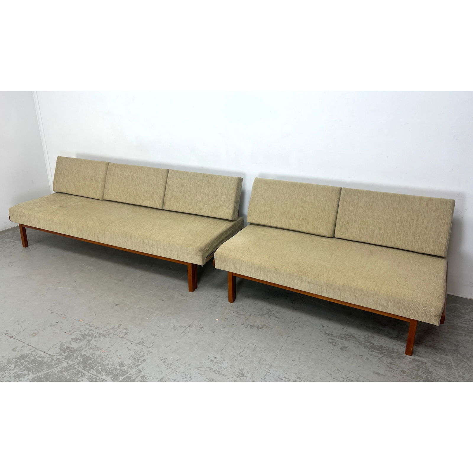 2pc 'Svane Combina' daybed sofas 84 inch and 57 inch, with teak frame and pull out extenders. Possib: 2pc 'Svane Combina' daybed sofas 84 inch and 57 inch, with teak frame and pull out extenders. Possibly designed by Ingmar Relling for Ekornes. Unsigned. Dimensions: Height: 29.5 inches, Width: 84.5 in