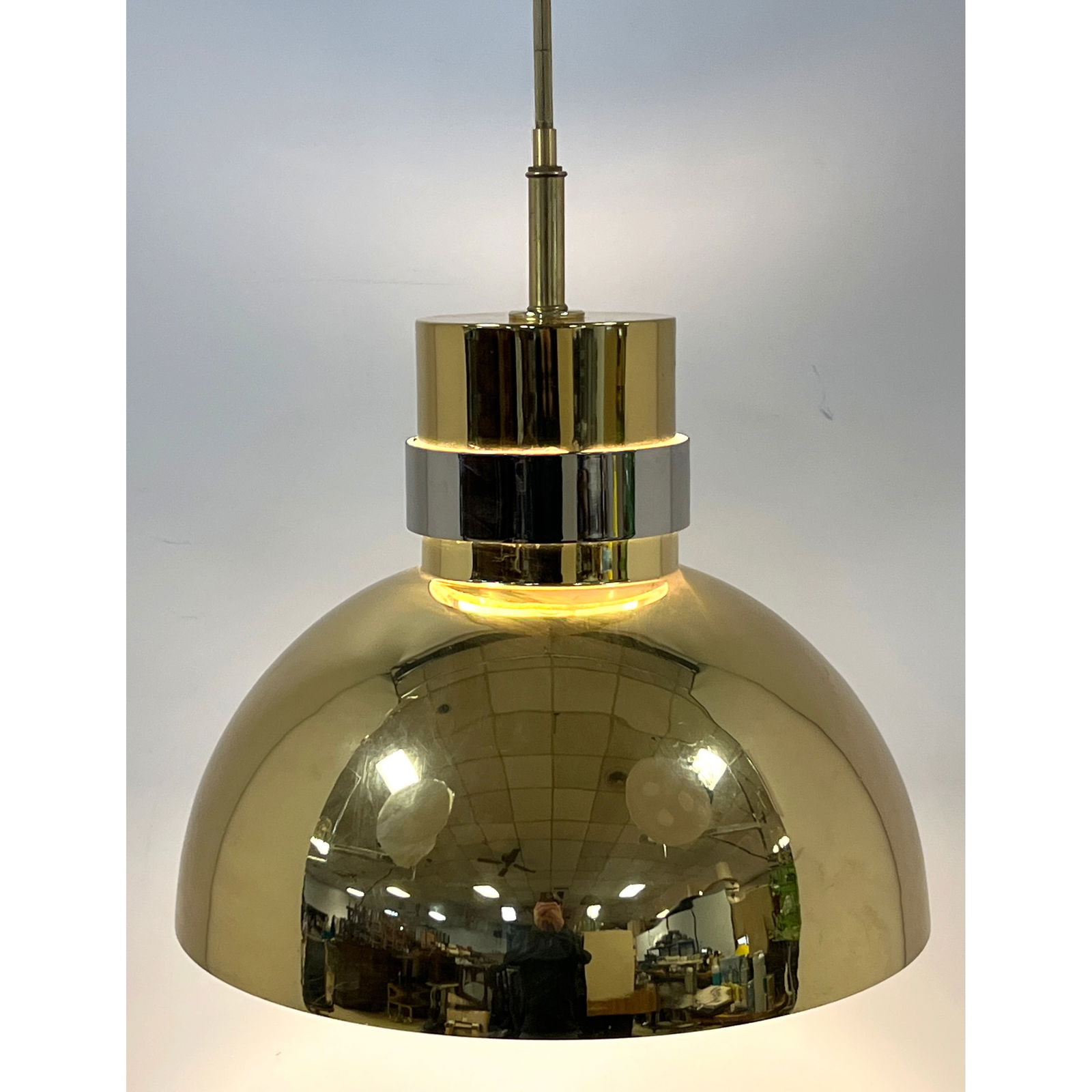 Karl Springer Style Brass and Chrome Pendant Lamp Chandelier. Dome shade.: Karl Springer Style Brass and Chrome Pendant Lamp Chandelier. Dome shade. Dimensions: Height: 36 inches, Width: 15 inches, Depth: 15 inches. --- - We offer curbside delivery for most items to NYC, Man