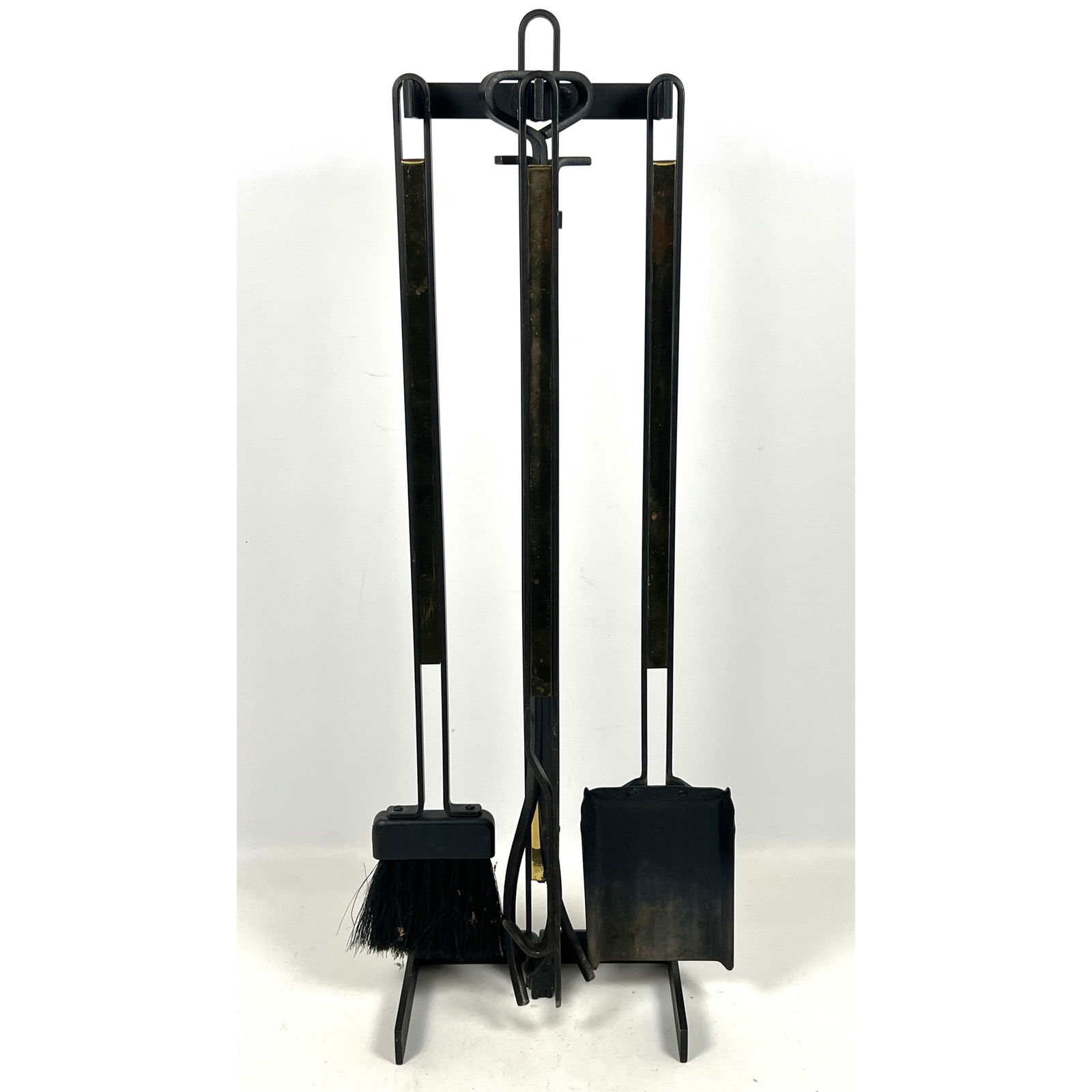 Vintage Mid Century Modern brass and iron fireplace tools. Iron with inset brass panels. (1 of 13)