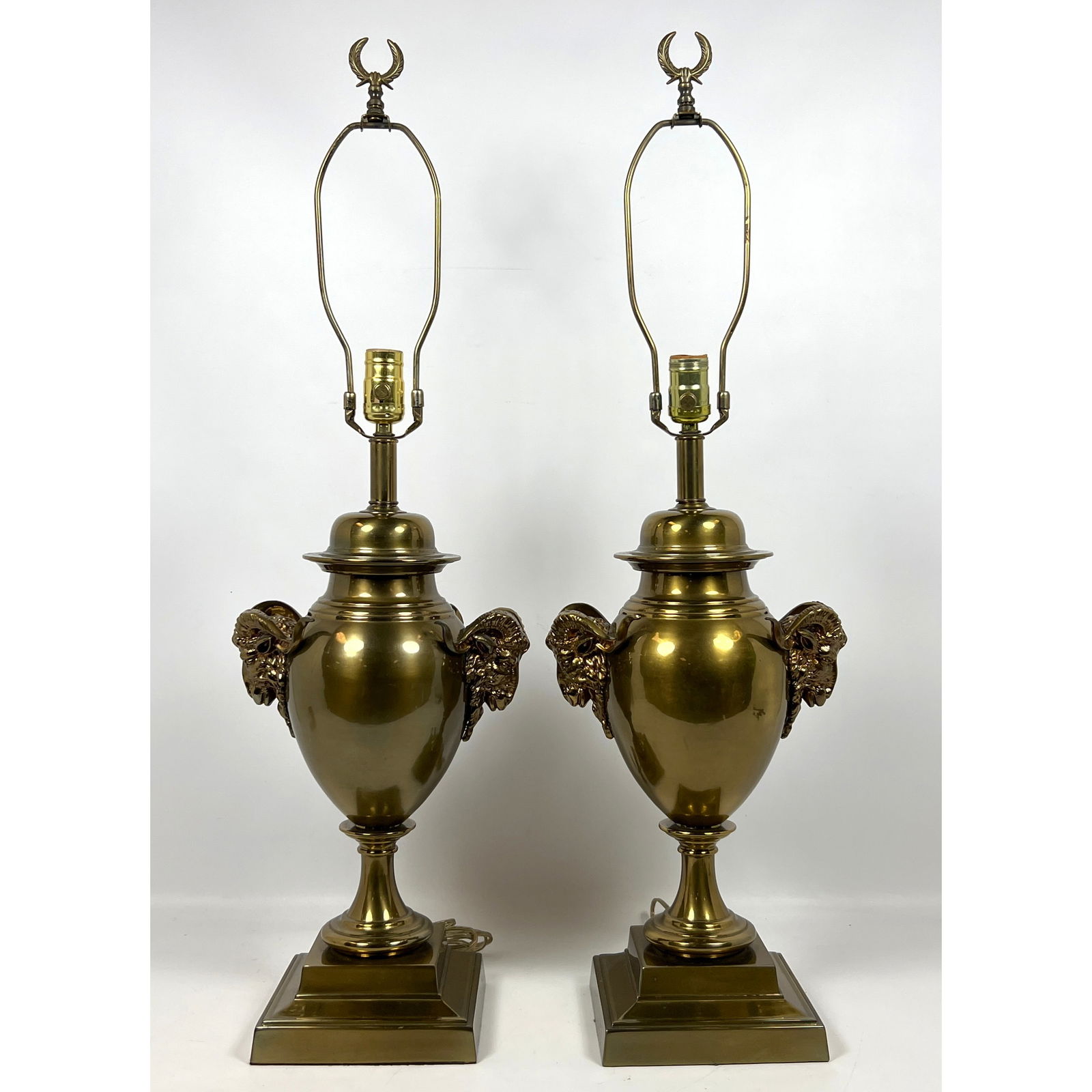 Pr Brass Classical style Brass Table Lamps. Figural Rams Heads Handles. (1 of 11)