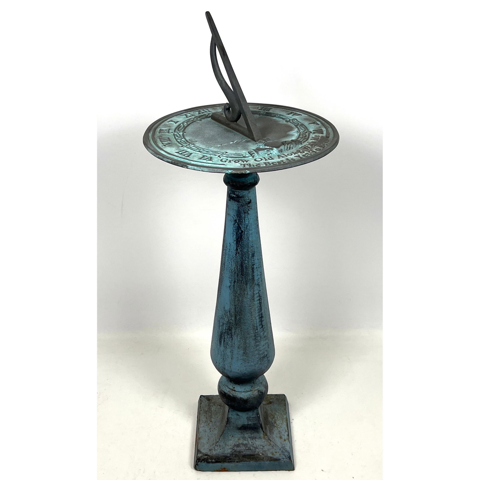 ROME Ind. Patinated Brass Garden Sundial. "Grow Old with Me, The Best is Yet to Be" Quotation. Blue: ROME Ind. Patinated Brass Garden Sundial. "Grow Old with Me, The Best is Yet to Be" Quotation. Blue Green Patina. Marked. Outdoor, Patio. Dimensions: Height: 27.5 inches, Width: 10 inches, Depth: 10 i
