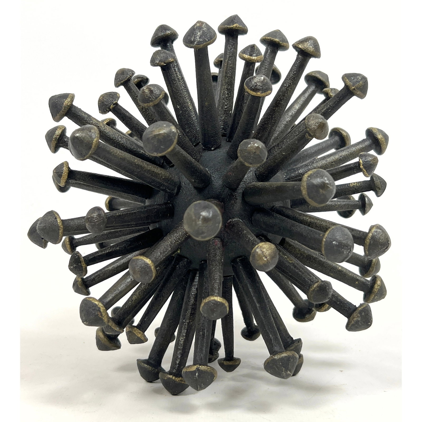 Aluminum, Wood Modernist Starburst Sculpture. Sputnik design. Mushroom style spikes emanate from cen: Aluminum, Wood Modernist Starburst Sculpture. Sputnik design. Mushroom style spikes emanate from central sphere. Brutalist Table Sculpture. Dimensions: Height: 7.5 inches, Width: 7.5 inches, Depth: 7.