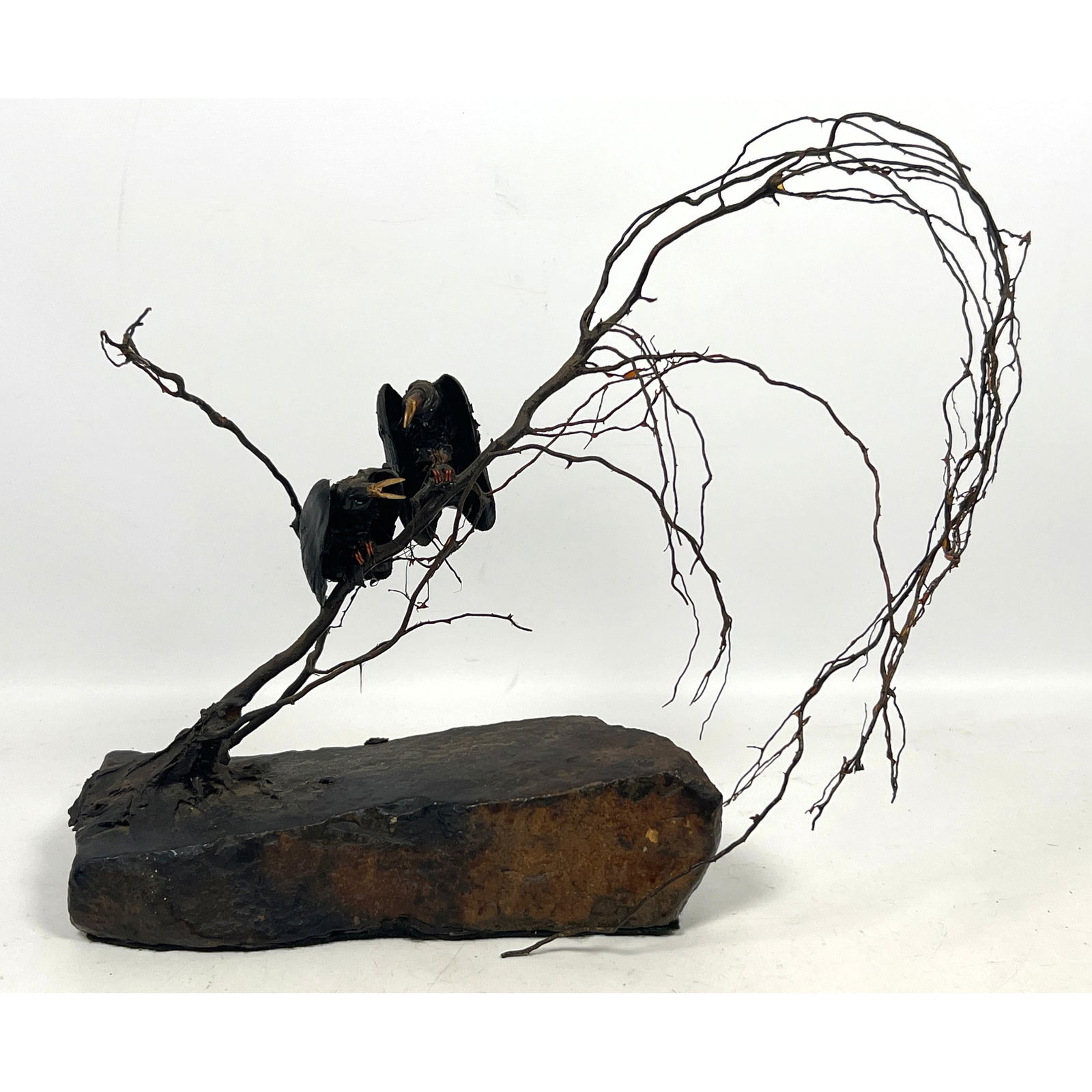 Two Vultures on Tree with Stone Base. Outsider art. Shells and Branches.: Two Vultures on Tree with Stone Base. Outsider art. Shells and Branches. Dimensions: Height: 14 inches, Width: 19 inches, Depth: 8 inches. --- - We offer curbside delivery for most items to NYC, Manha