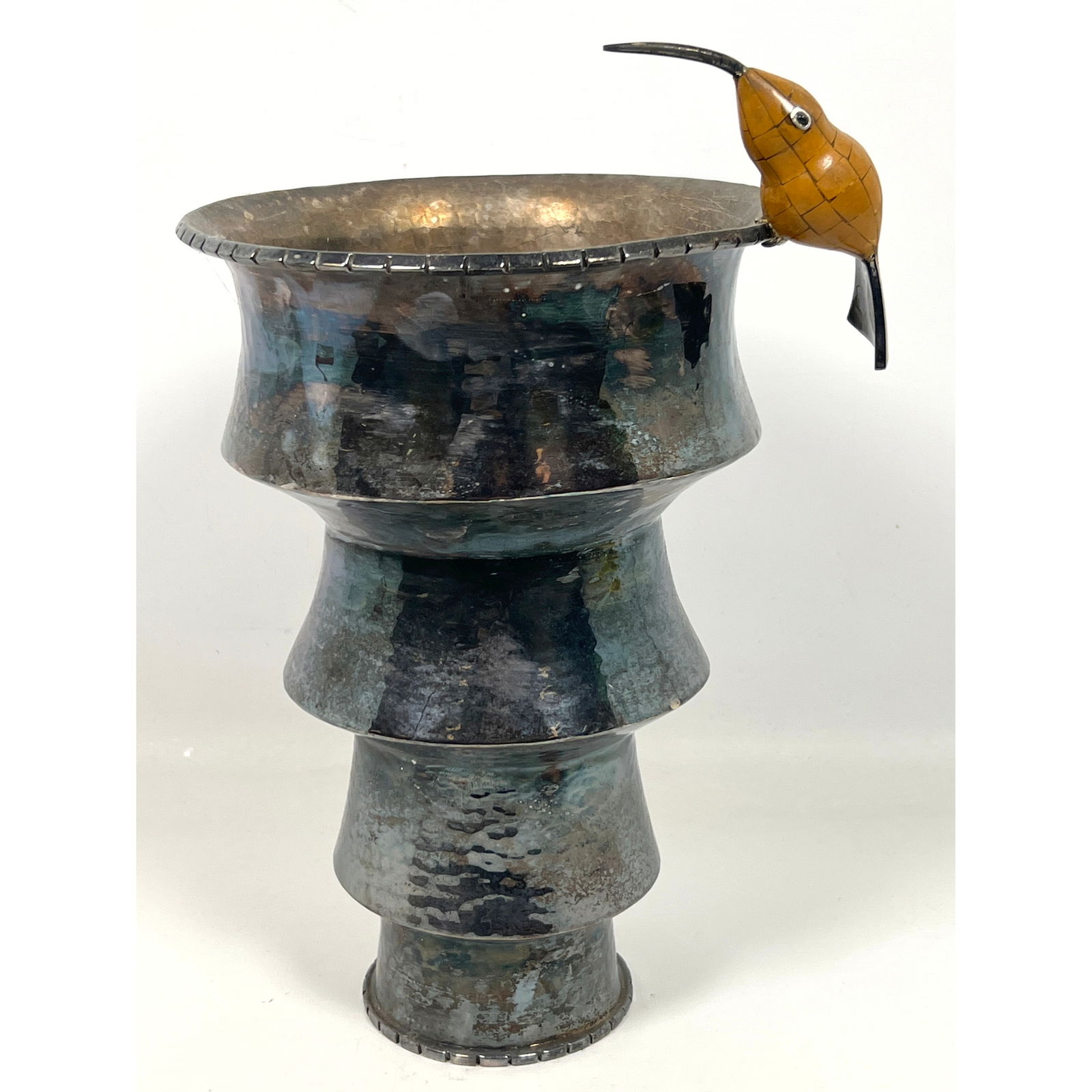 EMILIA CASTILLO Stepped Vase. Hummingbird. Sculptural form Silver Plate Vessel has stone mosaic figu (1 of 10)