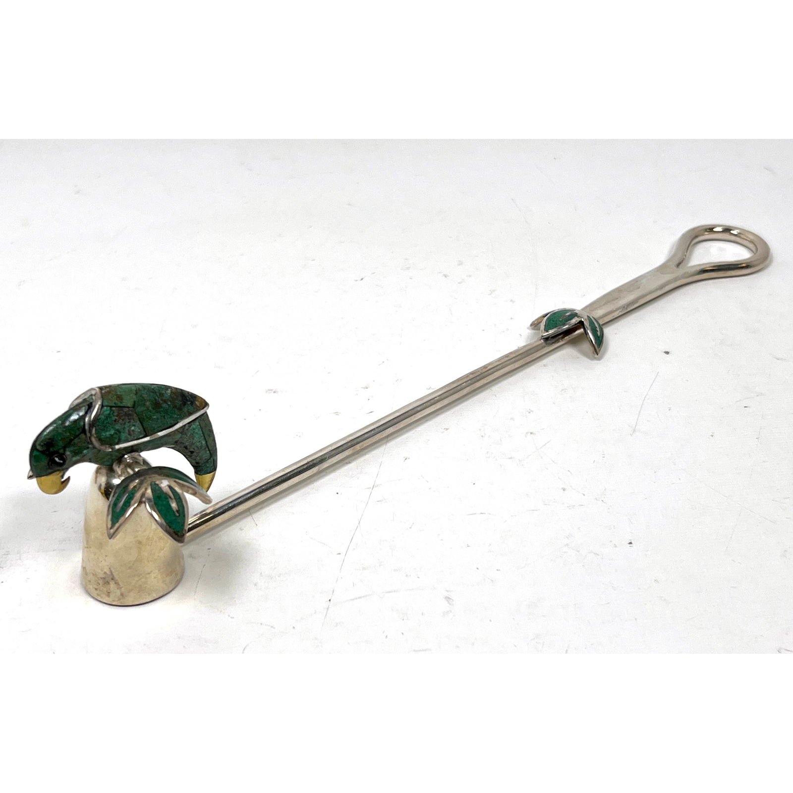 EMILIA CASTILLO Malachite Parrot Candle Snuffer: EMILIA CASTILLO Malachite Parrot Candle Snuffer Dimensions: Height: 12 inches, Width: 2.5 inches, Depth: 2.5 inches. --- US Packing and Shipping charge: In house shipping available. Will be calculated