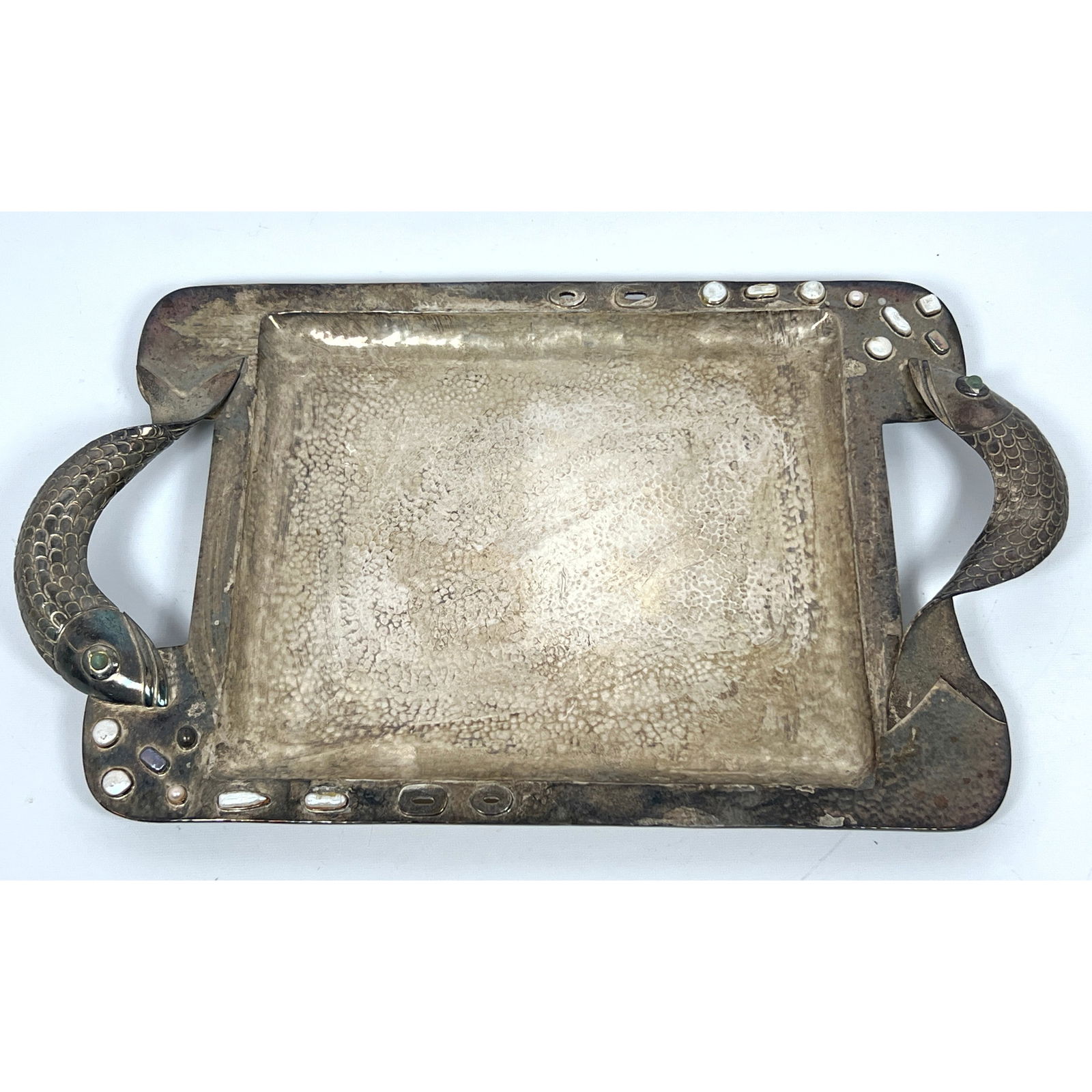 EMILIA CASTILLO Mexican Silver Plate Tray. Handled Serving Tray has Figural Fish Handles. Bezel set (1 of 10)
