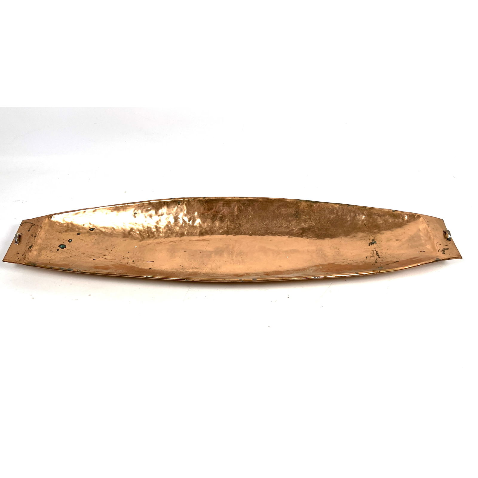 EMILIA CASTILLO Boat form Copper Plate Tray. Artisan Mexican Metal Ware. Hammered Textured Elongated (1 of 10)