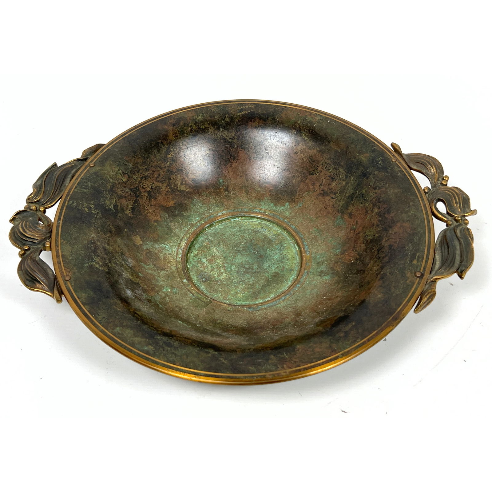 CARL SORENSEN Bronze MCM Bowl. Green Oxidized Patina. Figural Leaf and Berry Handles. Marked. (1 of 10)