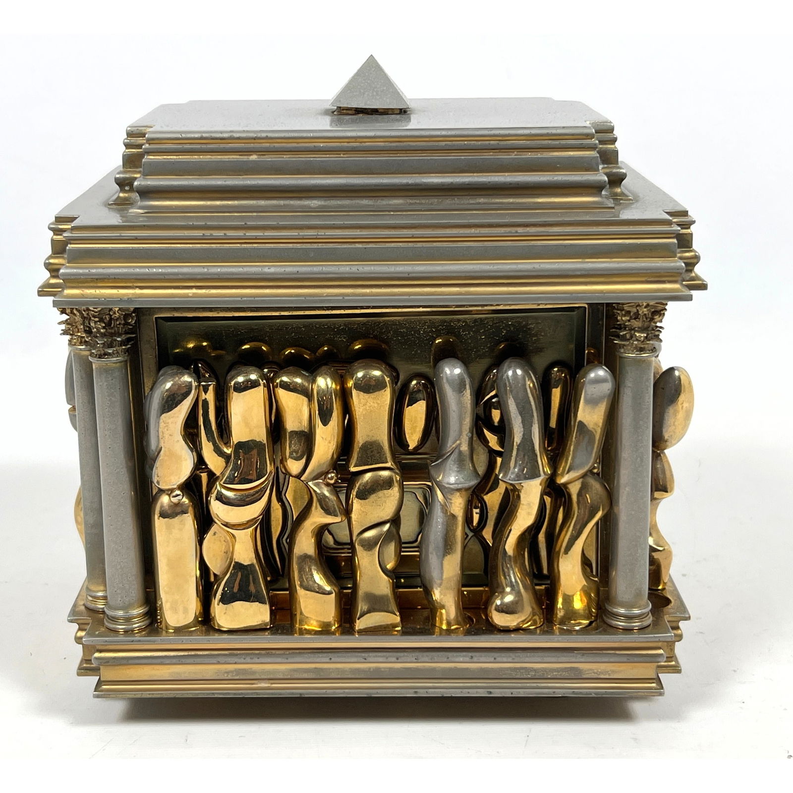 MIGUEL BERROCAL "Il Cofanetto" Puzzle. 370/500 Sculpture. Architectural Temple Box with Figures Lini: MIGUEL BERROCAL "Il Cofanetto" Puzzle. 370/500 Sculpture. Architectural Temple Box with Figures Lining the Sides. When the Roof is Raised, It Reveals Interior items such as 4 goblets, four candlestick