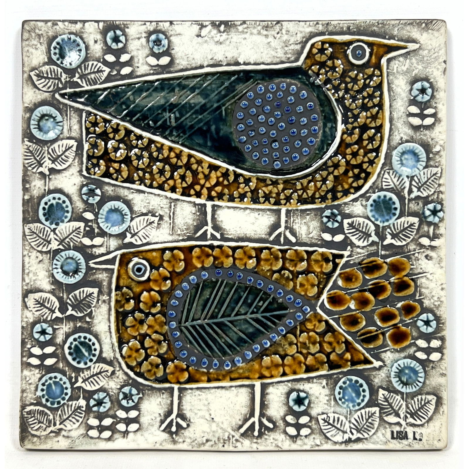 LISA LARSON for GUSTAVSBERG Bird Plaque. Ceramic Pottery Wall Hanging Panel with Relief Bird Designs (1 of 8)