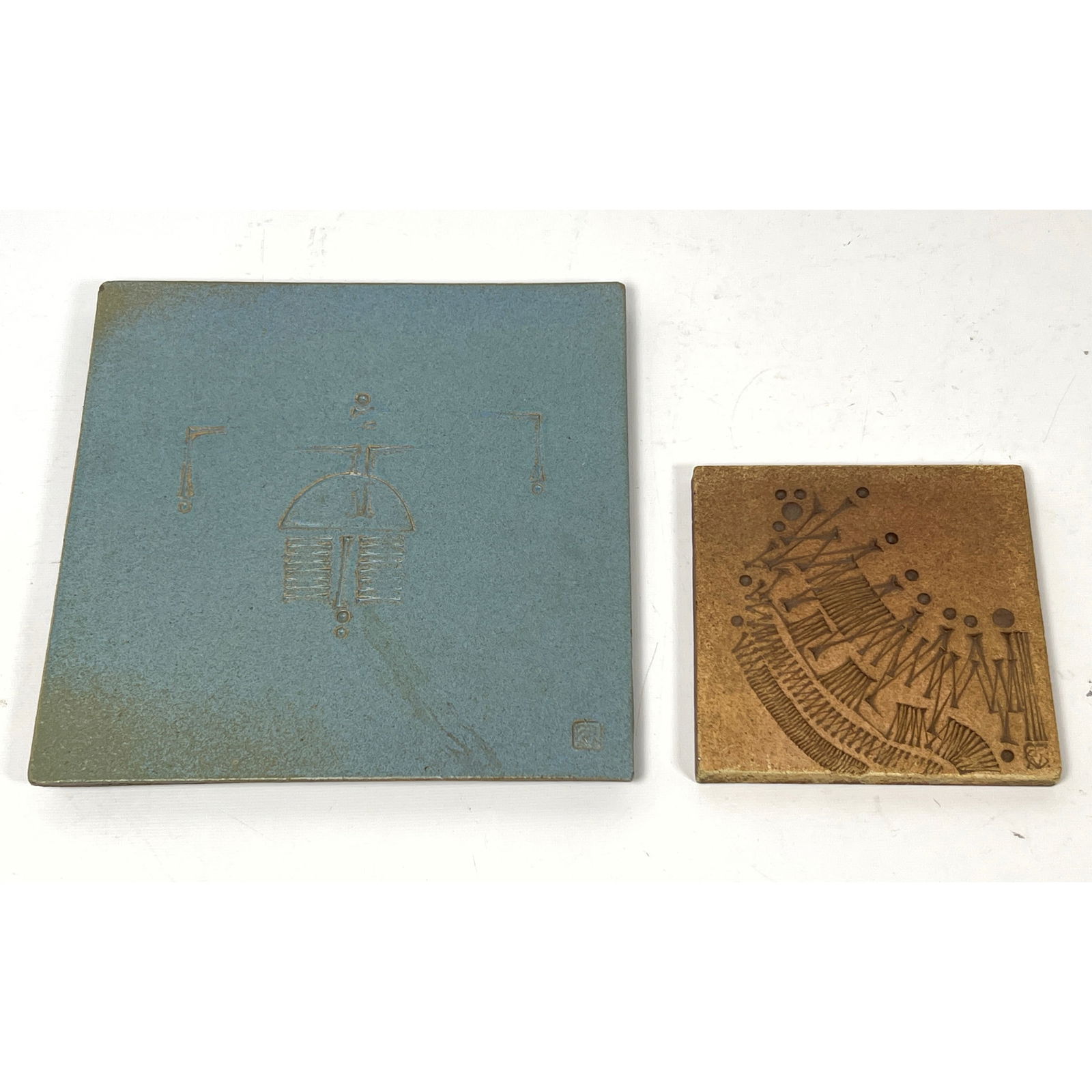 2pc PAOLO SOLERI by ARCOSANTI Ceramic Tiles. Wall Hanging. Pottery Tiles with stamped relief details (1 of 14)